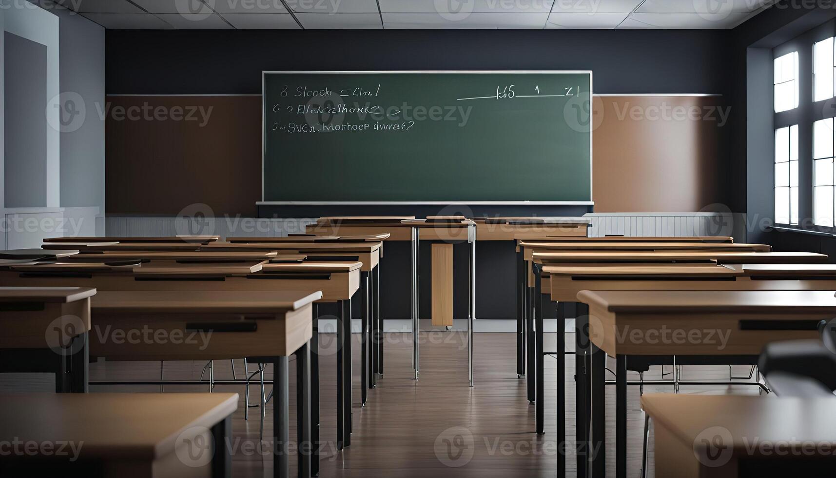 Empty Classroom with Green Chalkboard and Desks photo