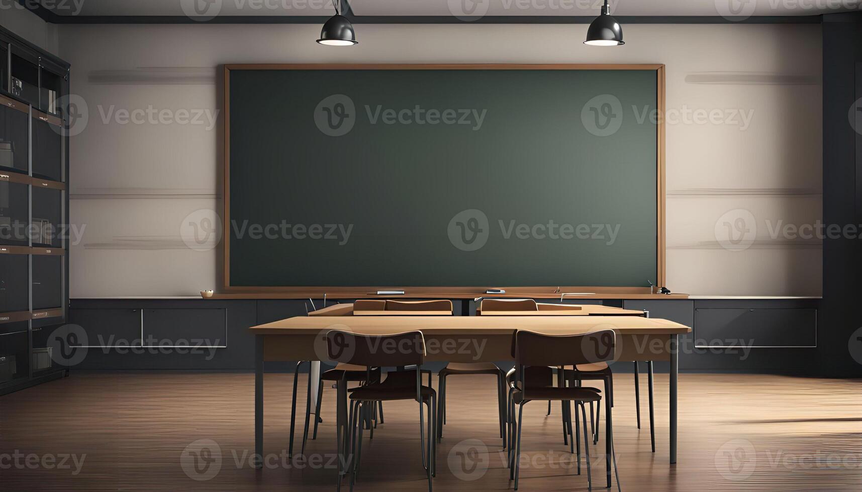 Empty Classroom with Chalkboard and Desks photo