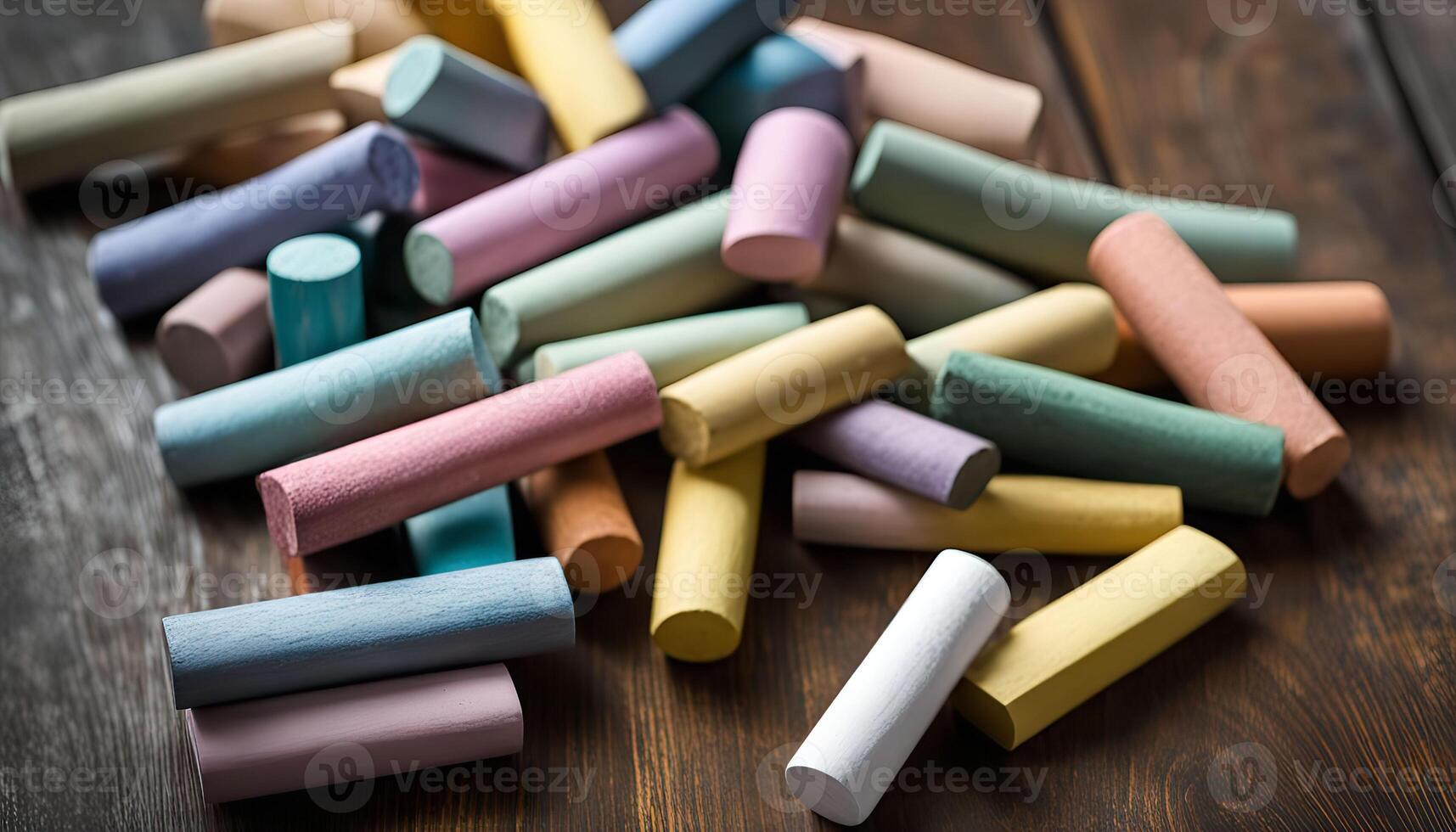 Assortment of Colorful Chalks on Wooden Surface photo
