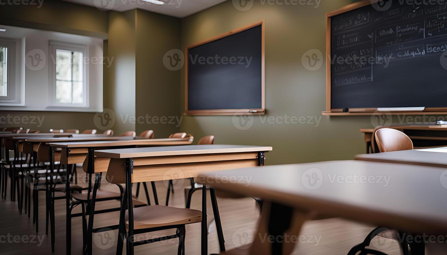 Empty Classroom with Blackboards and Desks photo