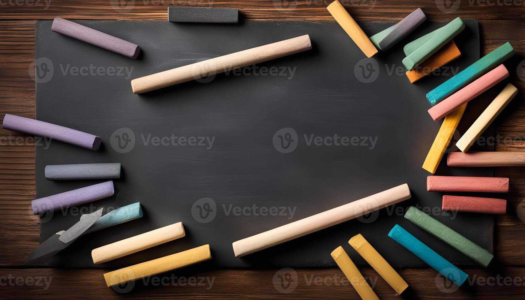 Colorful Chalk Sticks Around a Blackboard photo