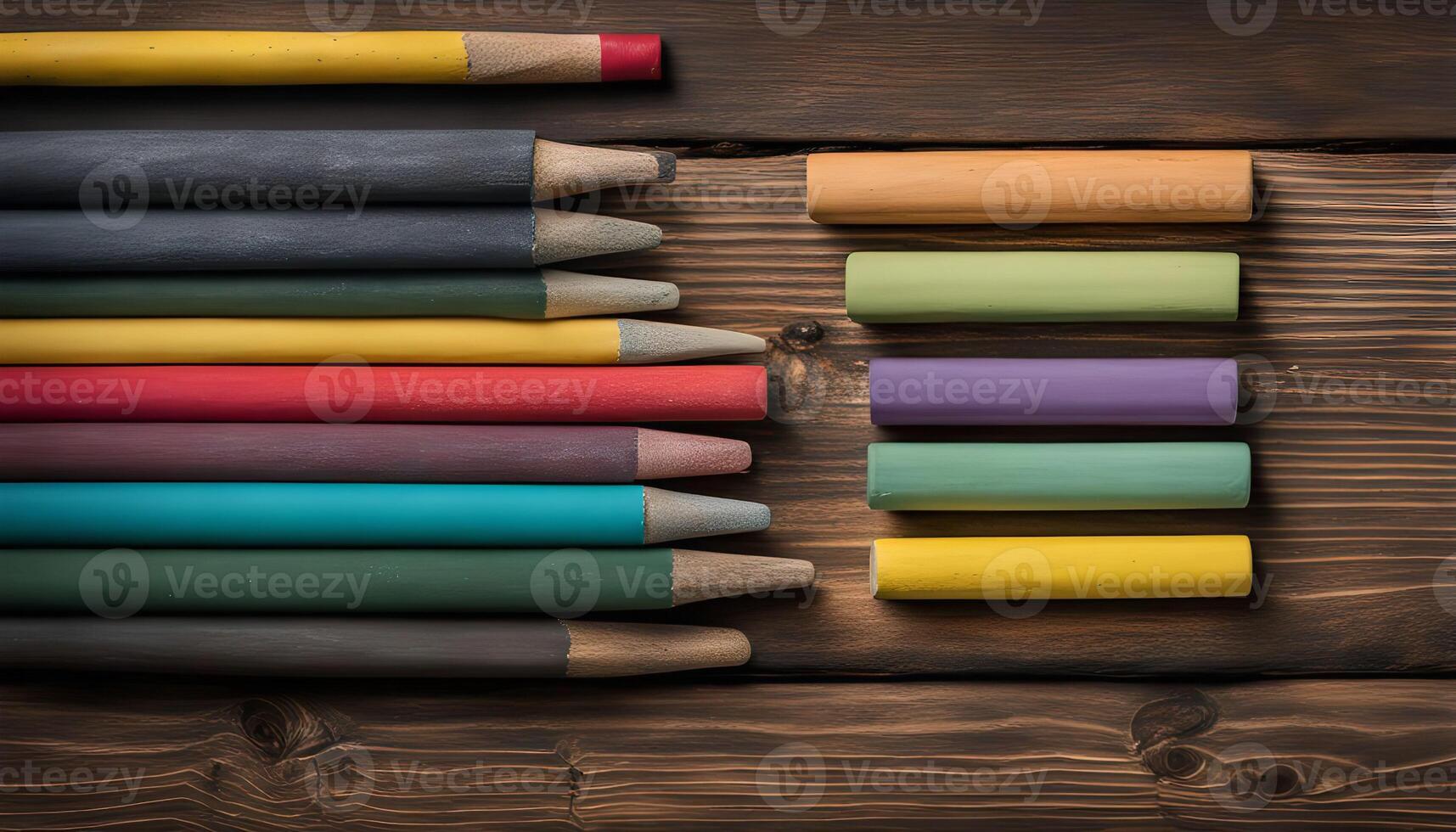 Colorful Pencils and Chalk on Wooden Table photo