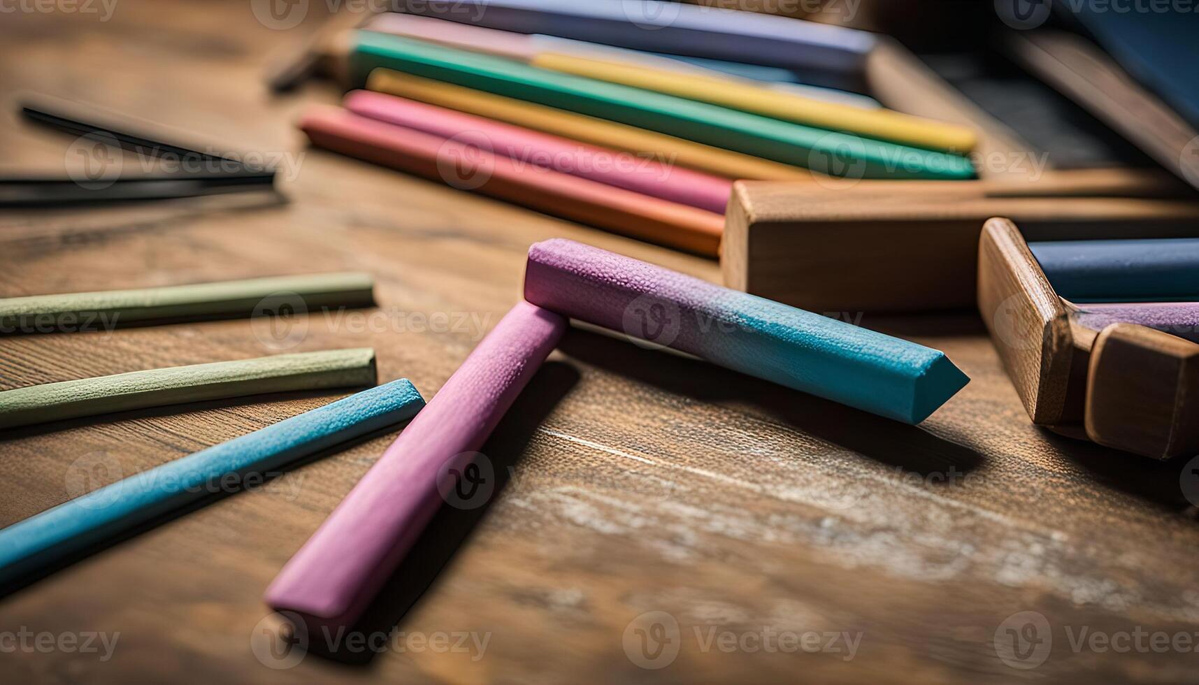 Colorful Chalk Sticks on Wooden Table photo