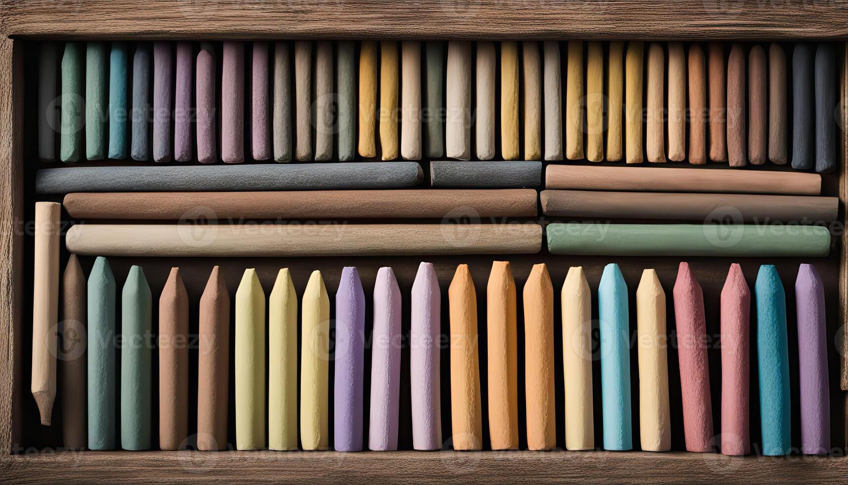 Assortment of Pastel Crayons in a Wooden Box photo