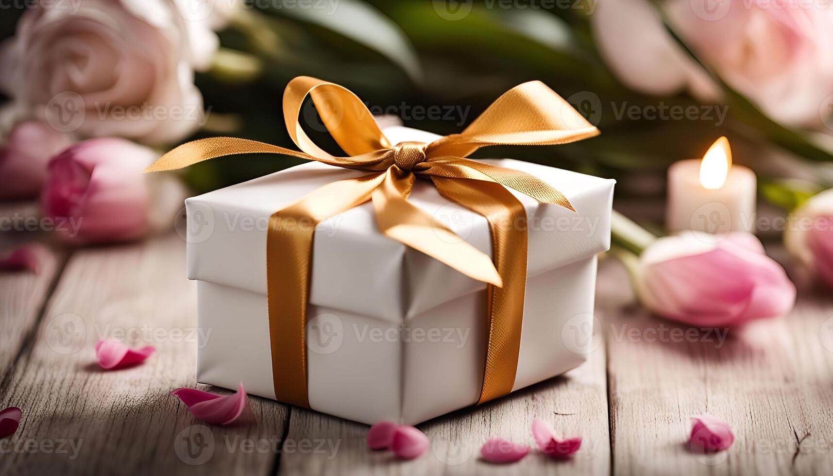 Gift with Flowers and Candle photo