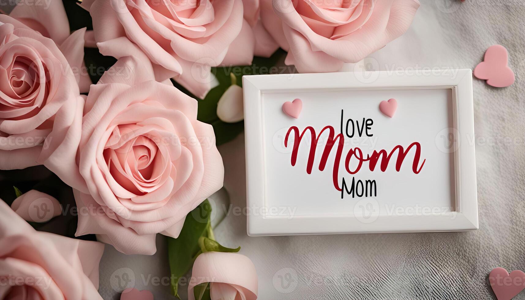 Love Mom - a pink rose bouquet with a framed message photo