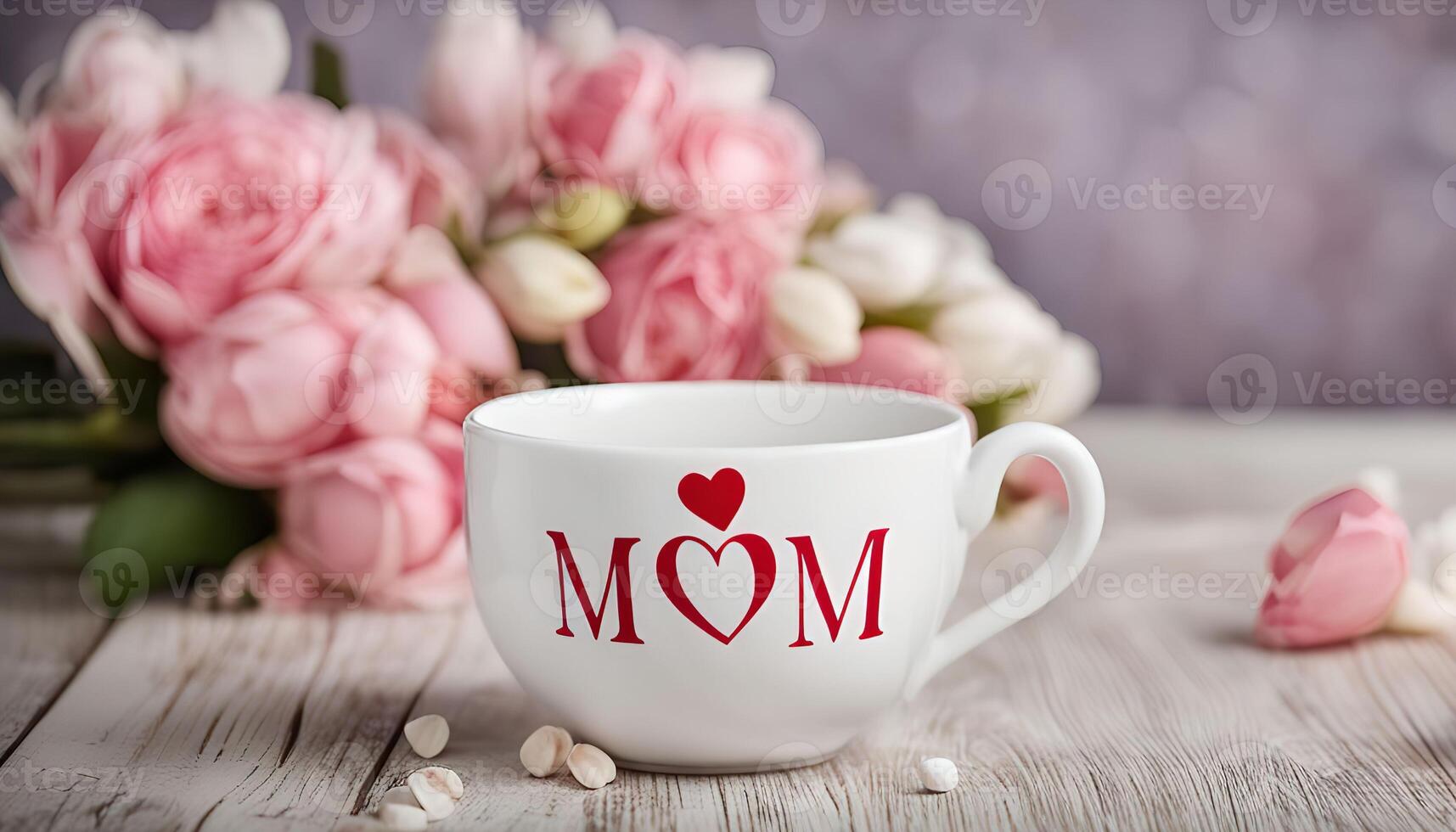 White Cup with Red Heart and MOM inscription, Pink Roses Bouquet for Mother s Day photo