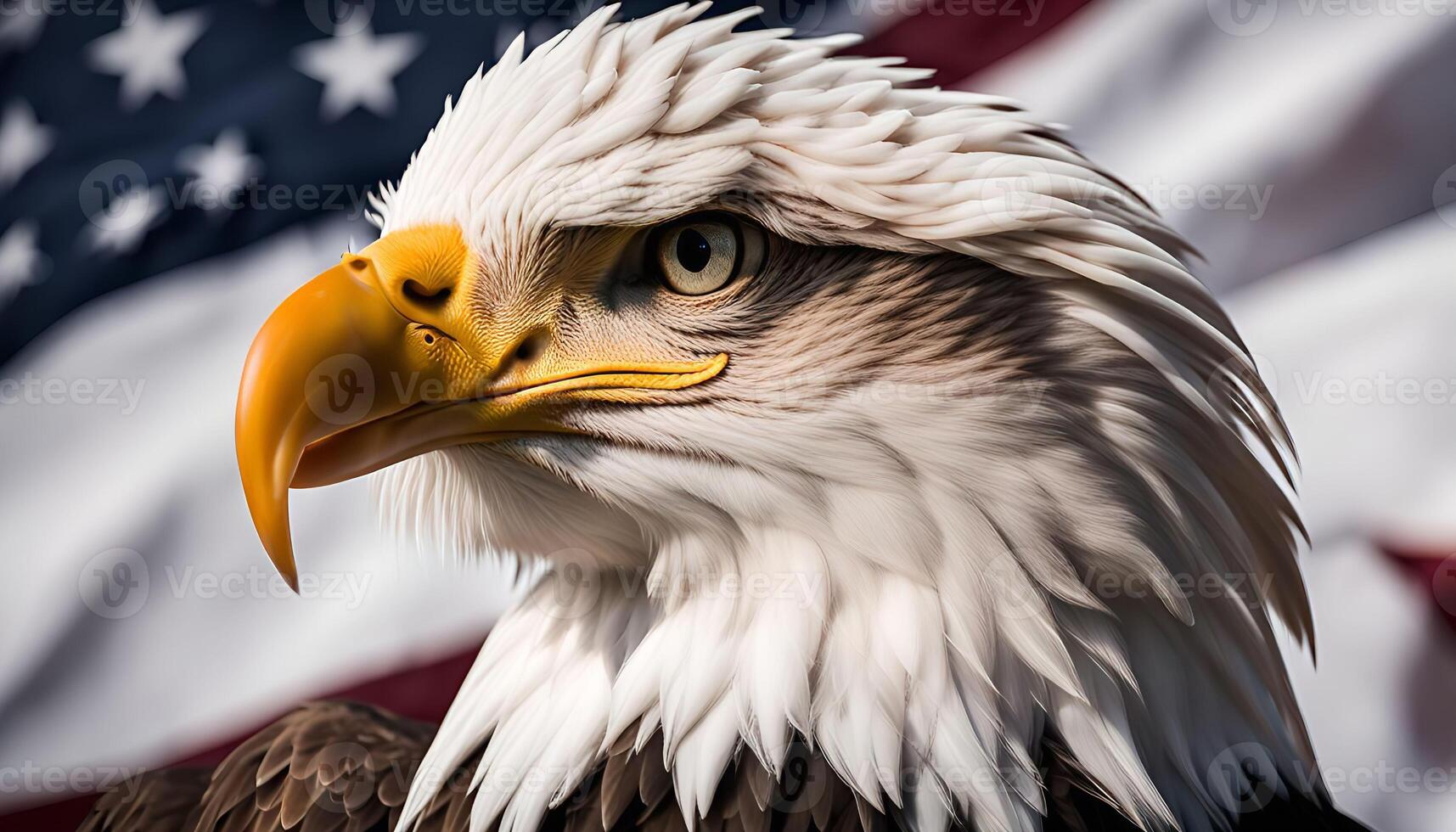 Bald Eagle Close Up with American Flag Background photo
