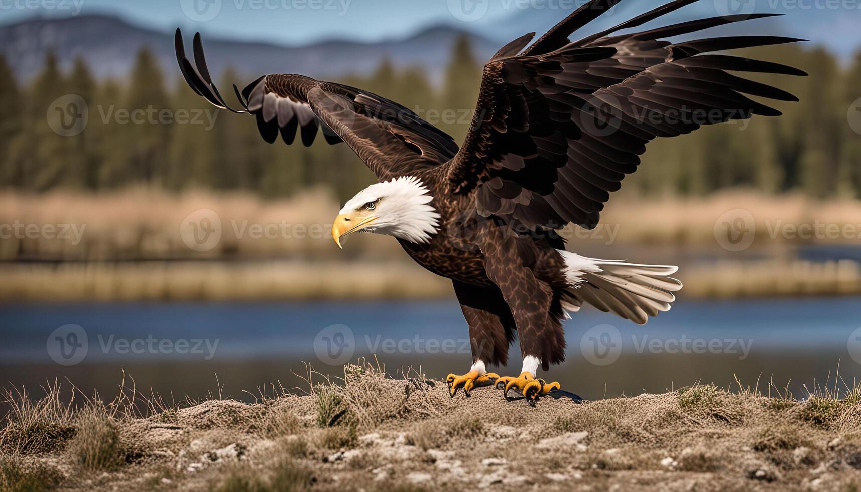 Majestic Bald Eagle Soaring Over a Tranquil Lake photo