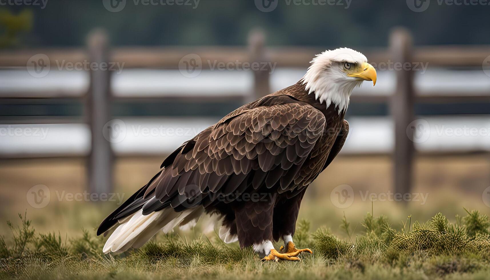 Majestic Bald Eagle Standing on Grass photo