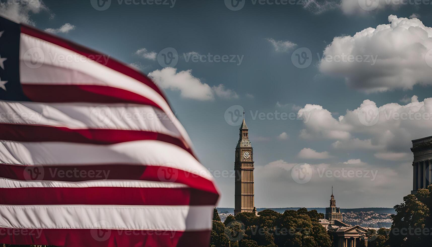 American Flag Waving in Front of Big Ben photo