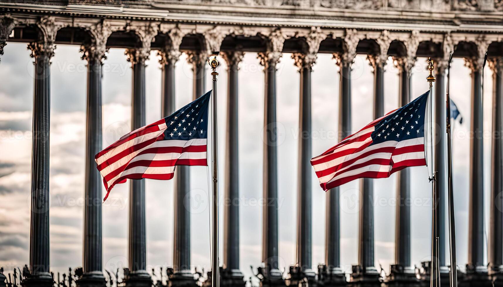 American Flags Waving in Front of Columns photo
