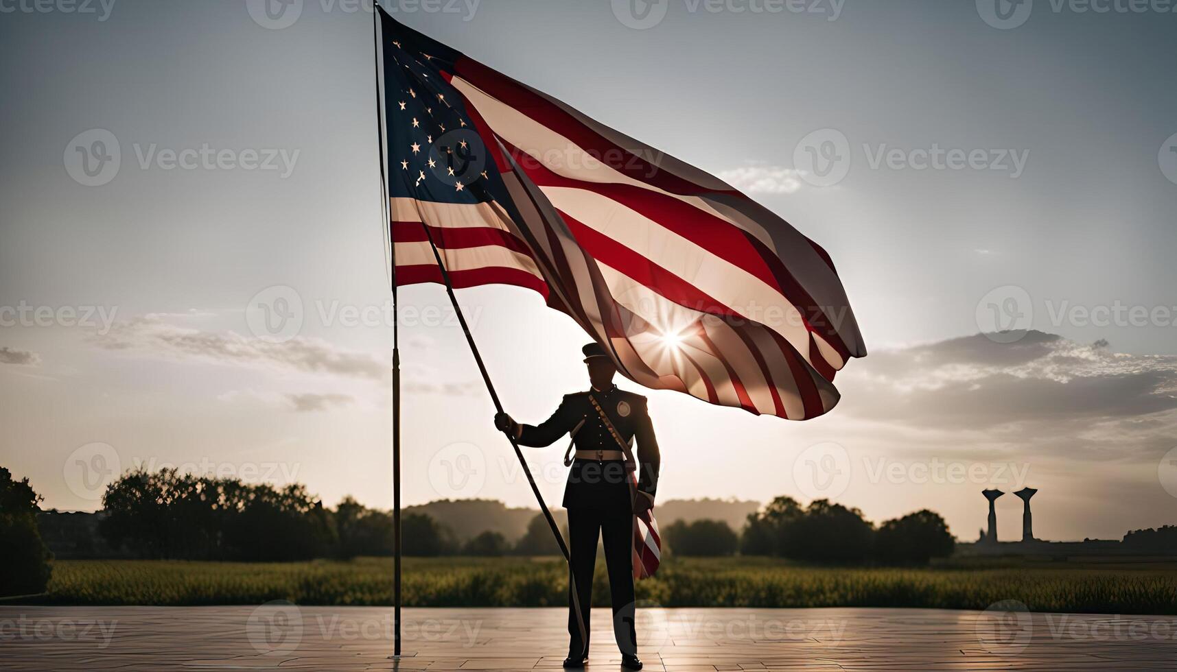 Patriotic Salute American Flag Waving at Sunset photo