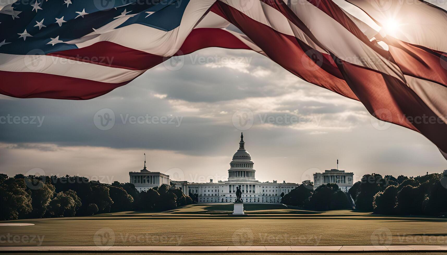 American Flag Waving Over the Capitol Building photo