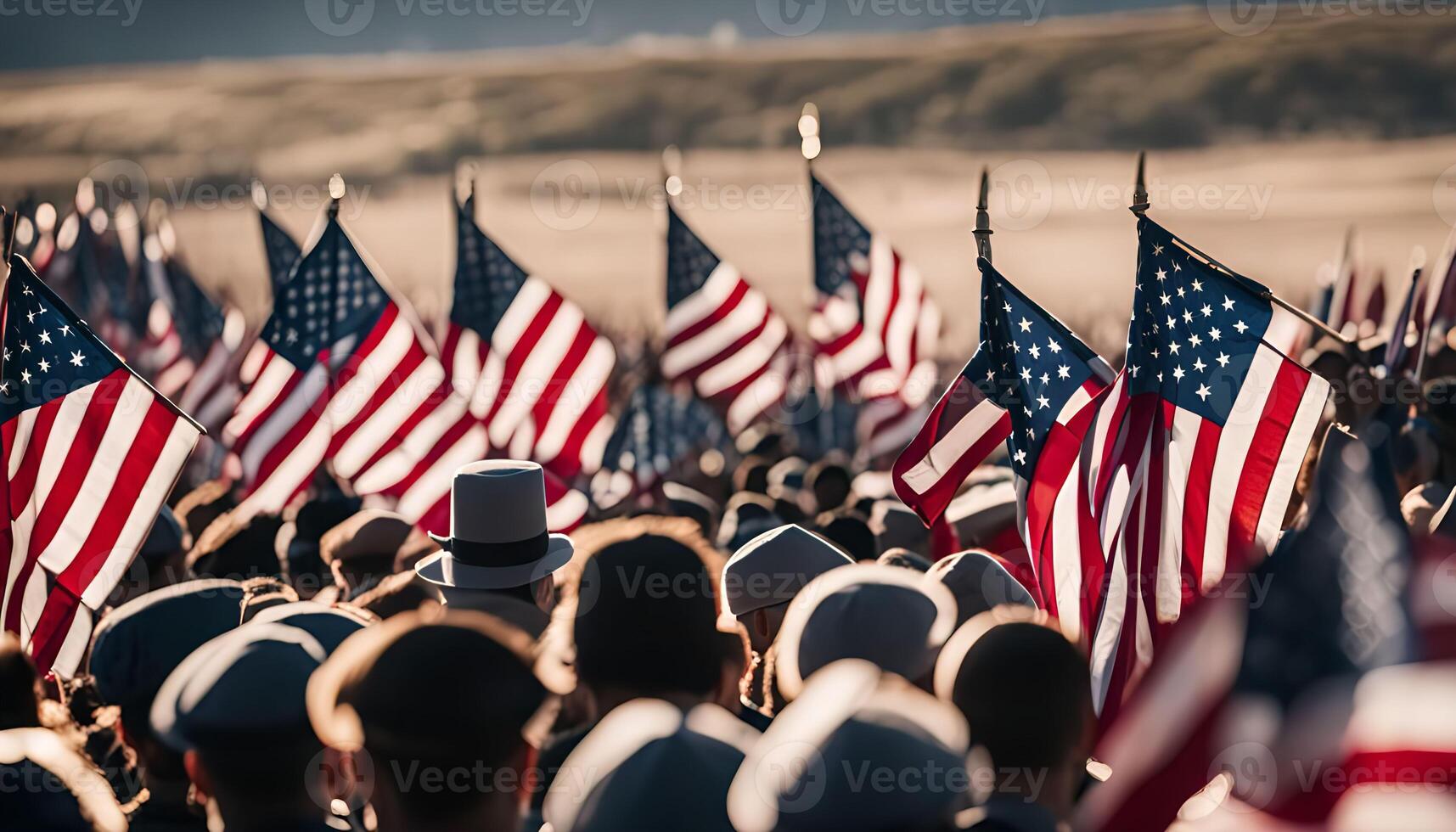 Patriotic Crowd of People Holding American Flags photo