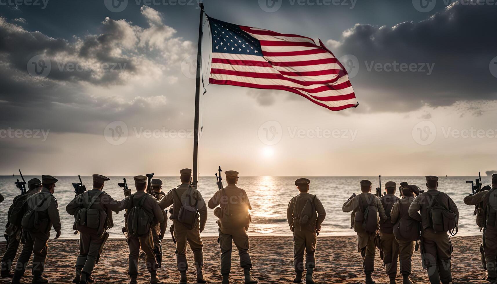 American Soldiers Salute the Flag at Sunset photo