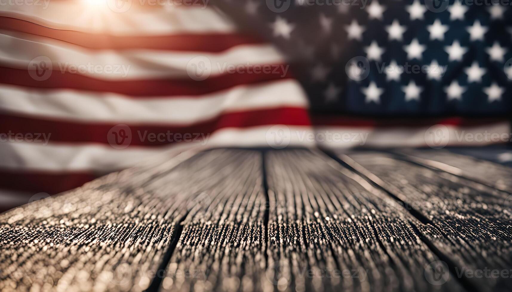 American Flag Background With Wood Table photo