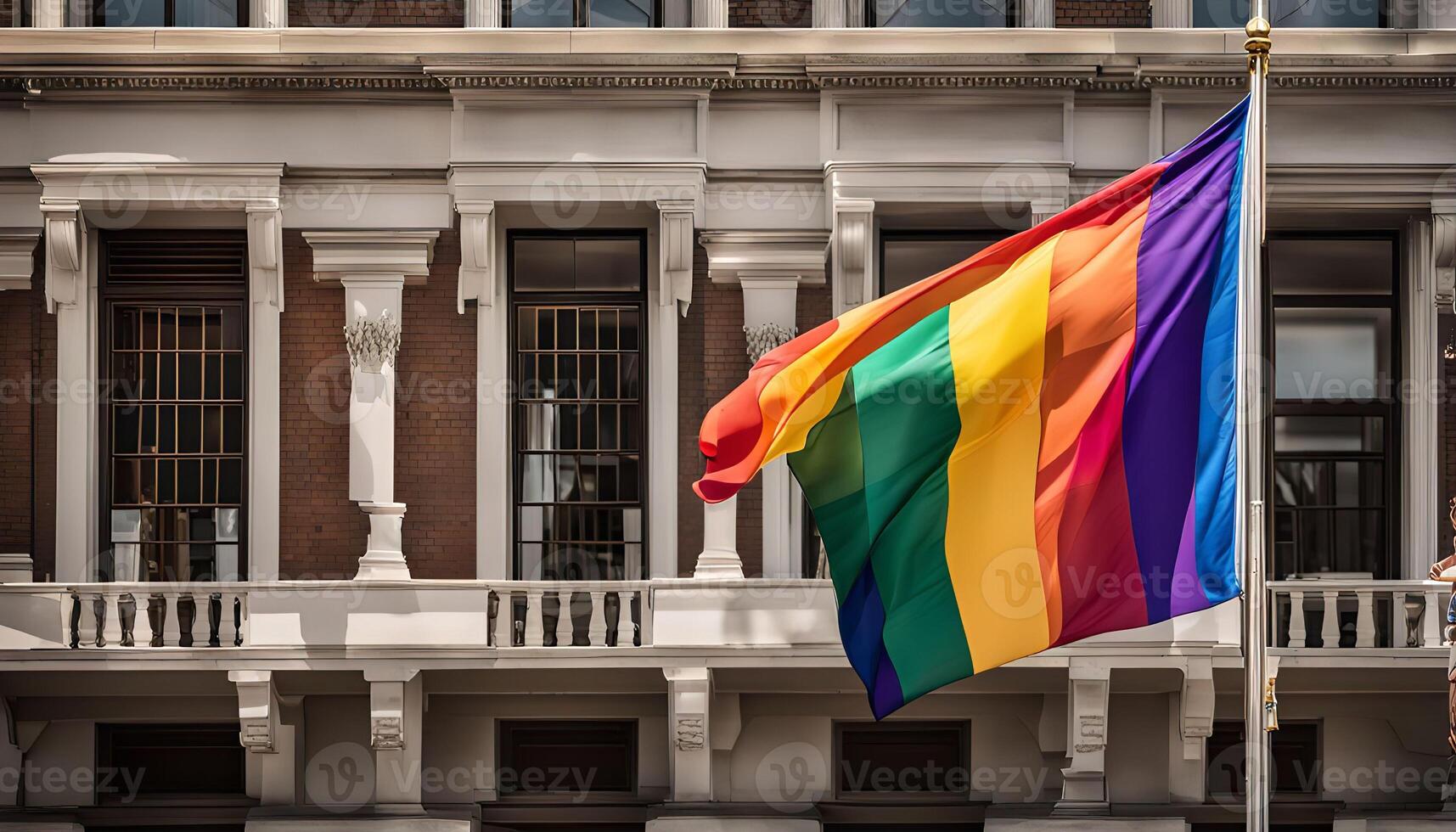 Rainbow Pride Flag Waving Outside a Building photo