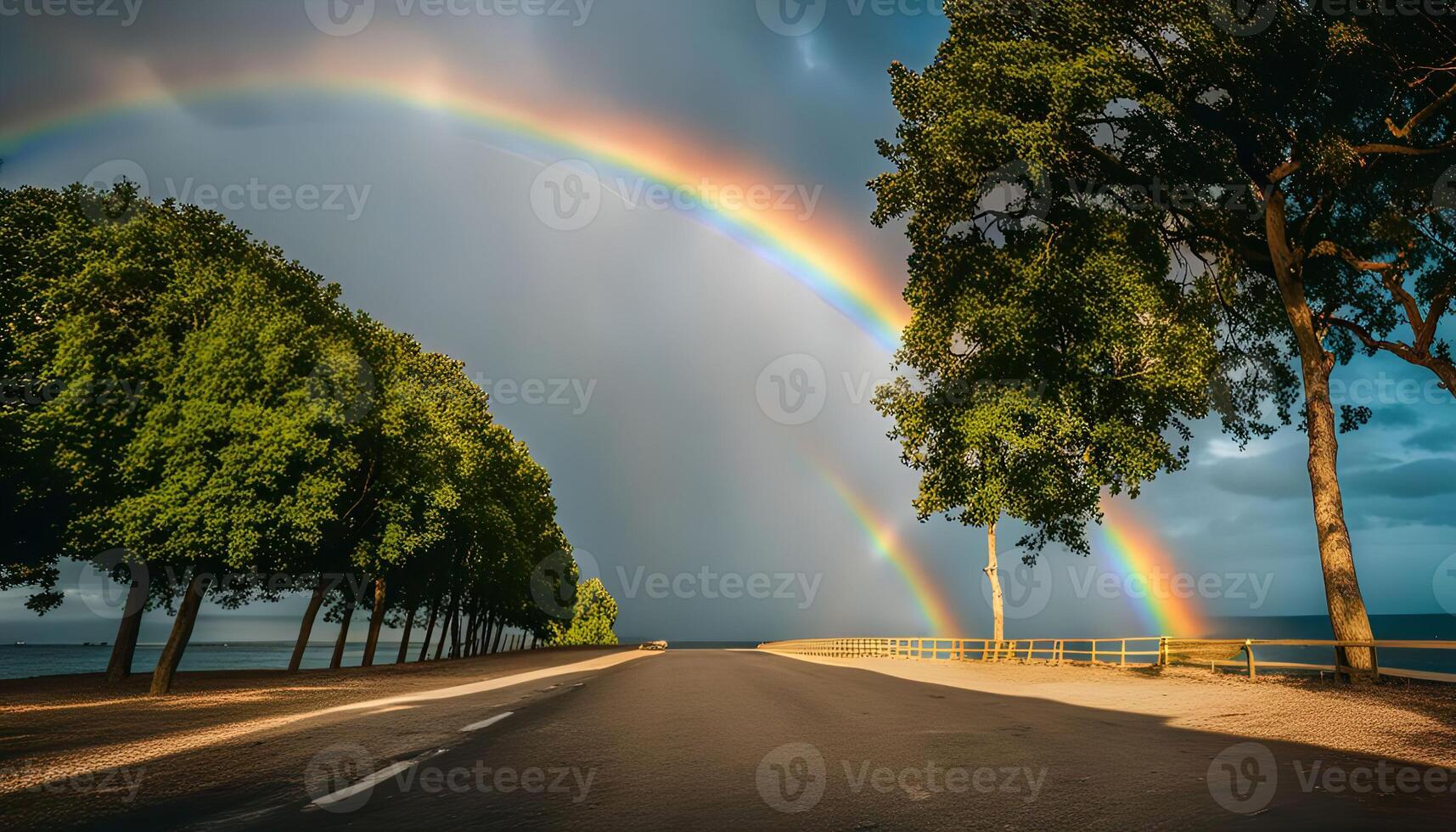 Rainbow over Road and Trees photo