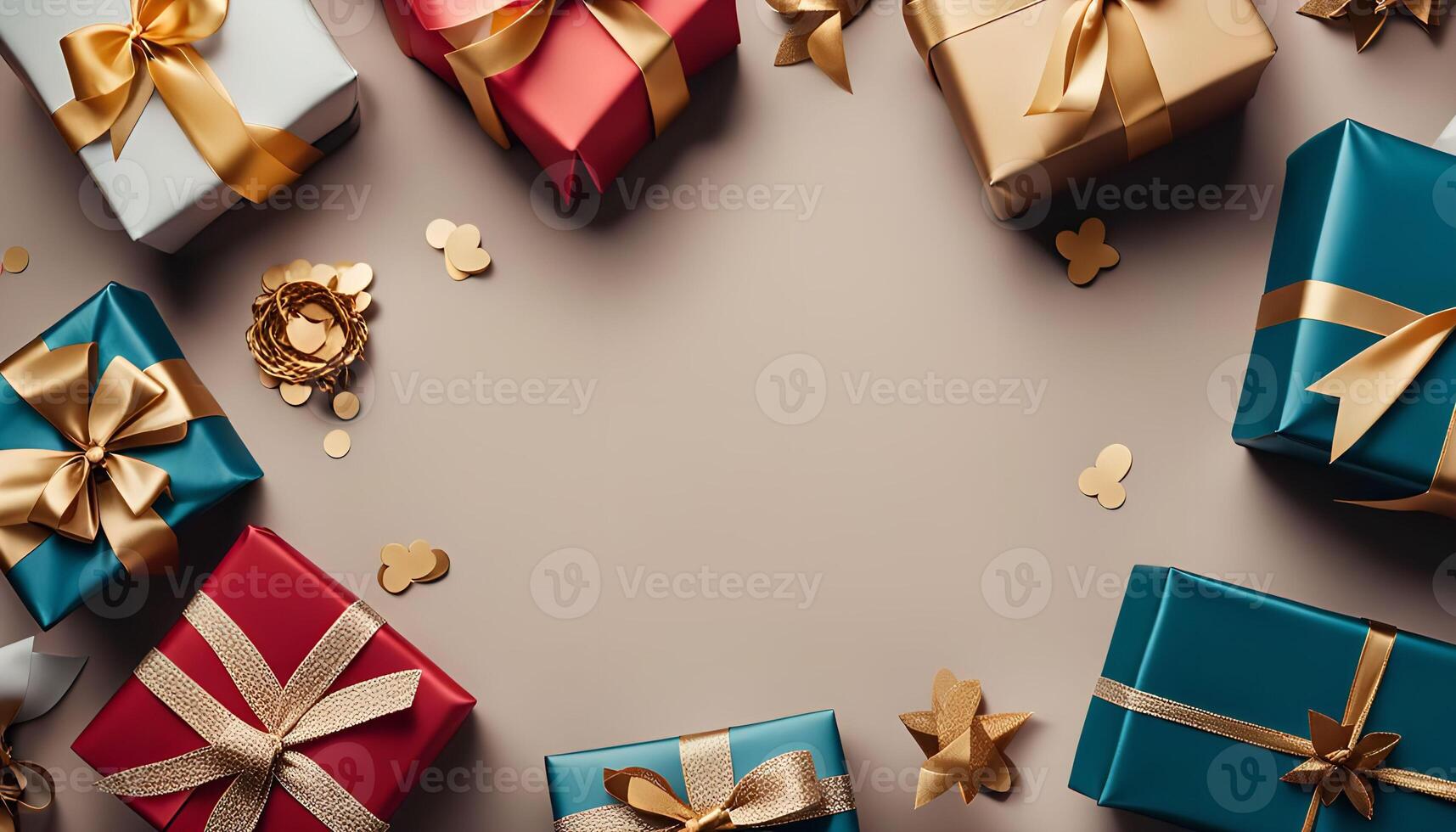 Gift Boxes with Gold Ribbons and Confetti photo