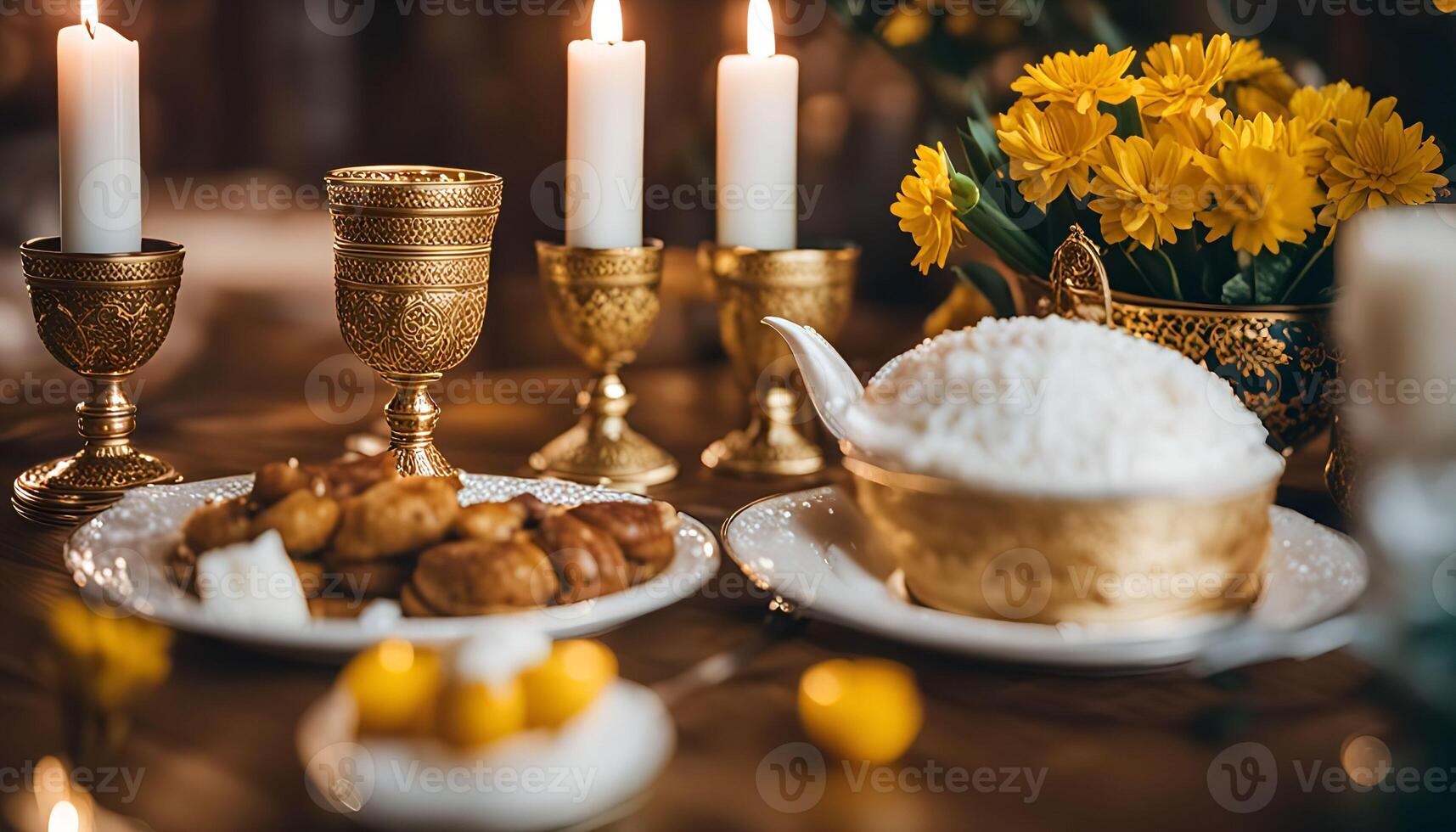 Golden Table Setting with White Rice and Flowers photo