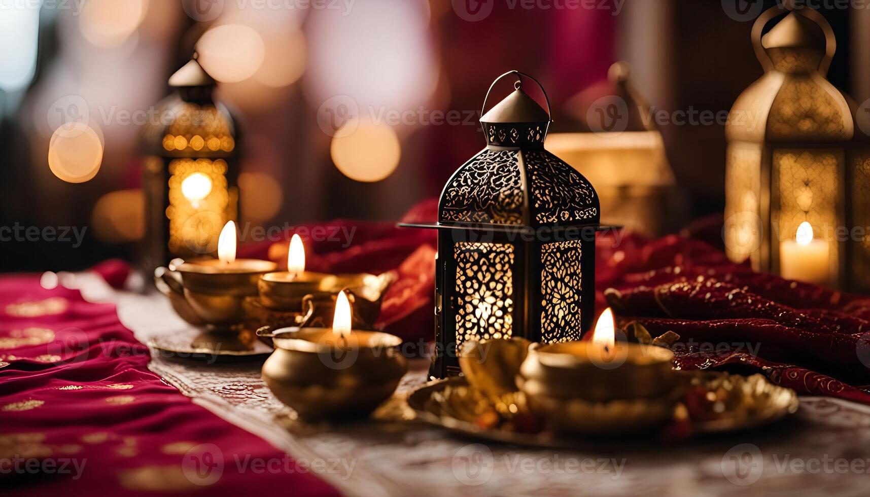 Intricate Lanterns and Candles Illuminating a Festive Table photo