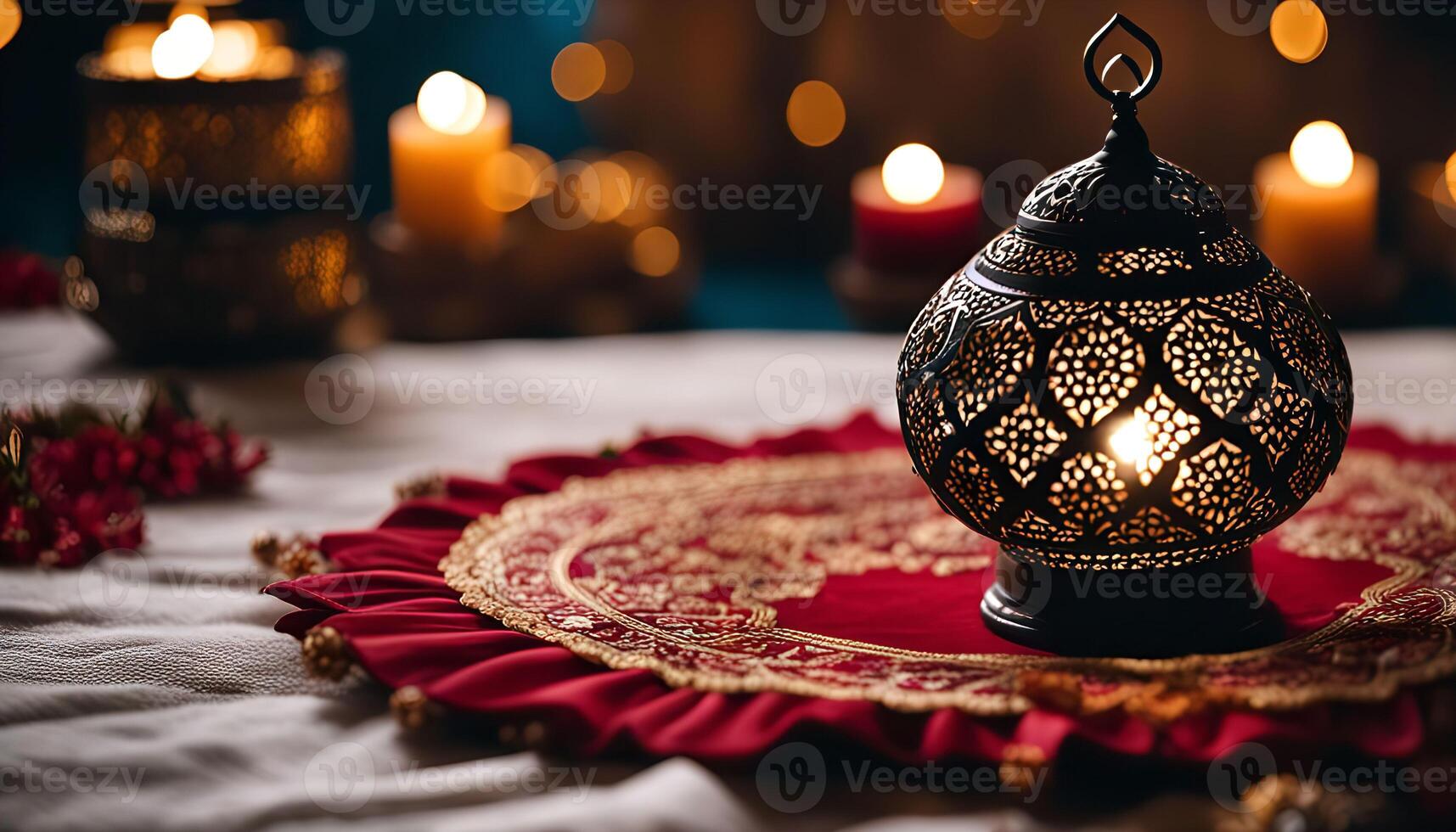 Ornate Lantern on Red Tablecloth with Candles photo