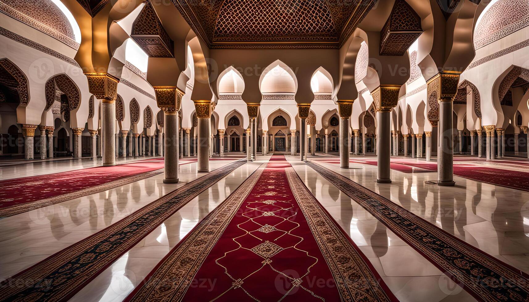 Grand Mosque Interior with Rows of Pillars and Red Carpets photo