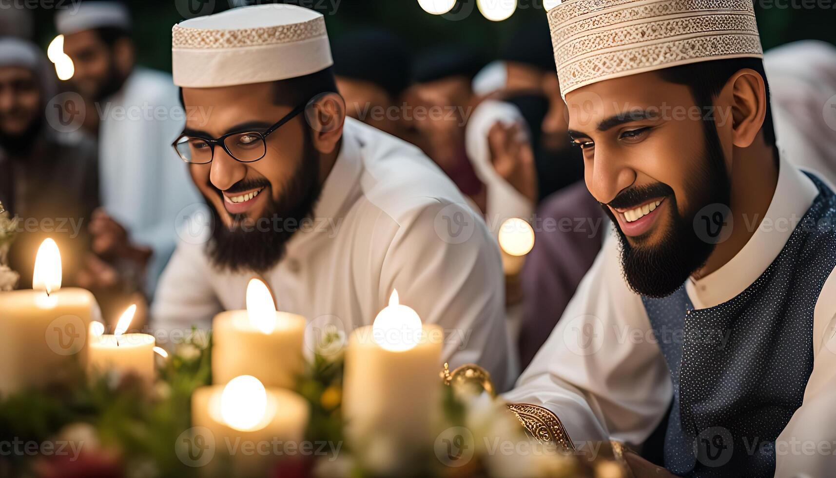 Two Men in Traditional Attire Smiling at a Table with Candles photo
