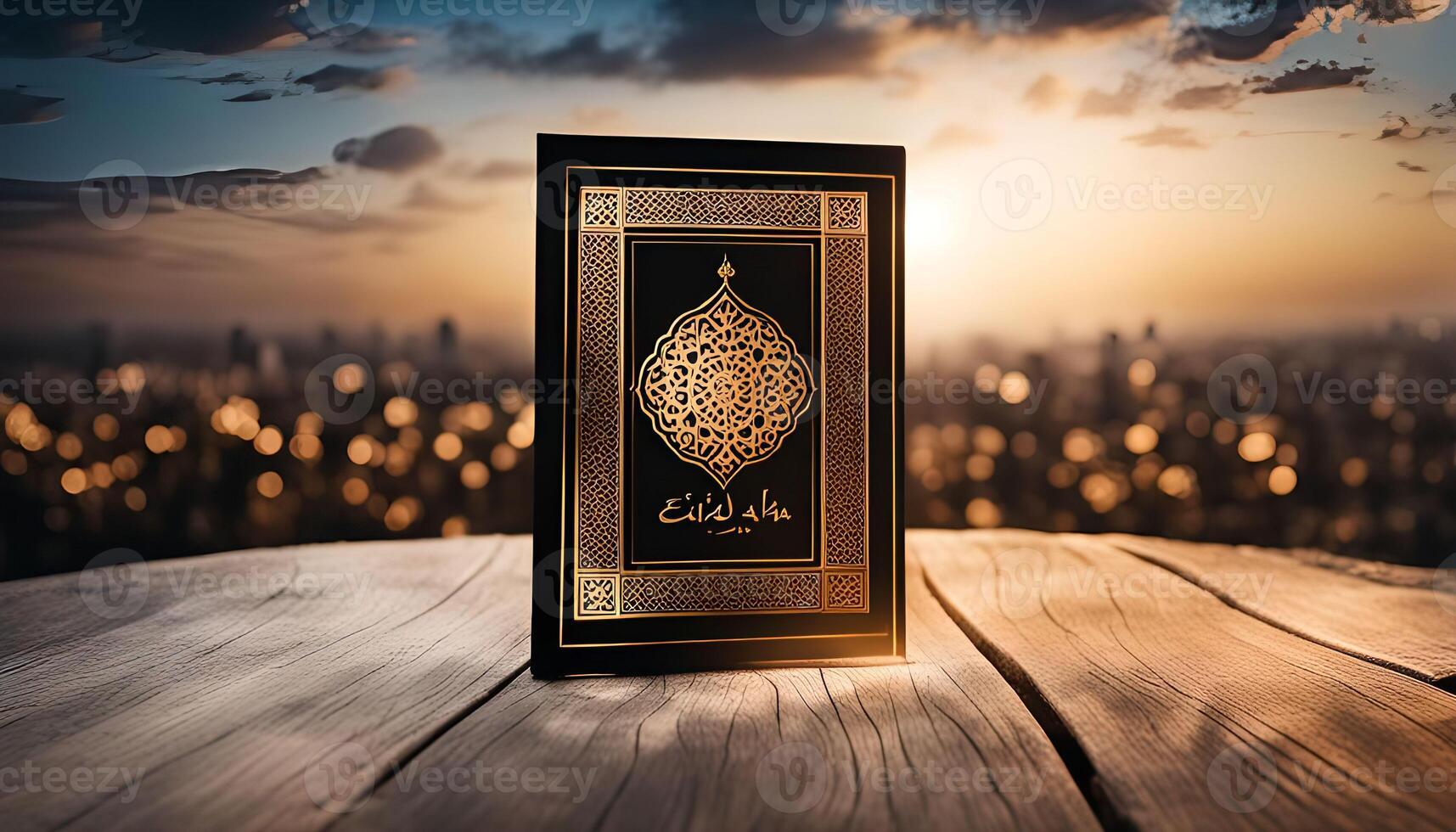 Holy Book Quran on Wooden Surface with Blurry Cityscape Background at Sunset photo