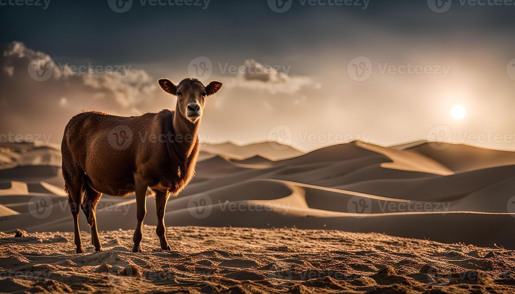 A Sheep Standing in a Desert at Sunset photo