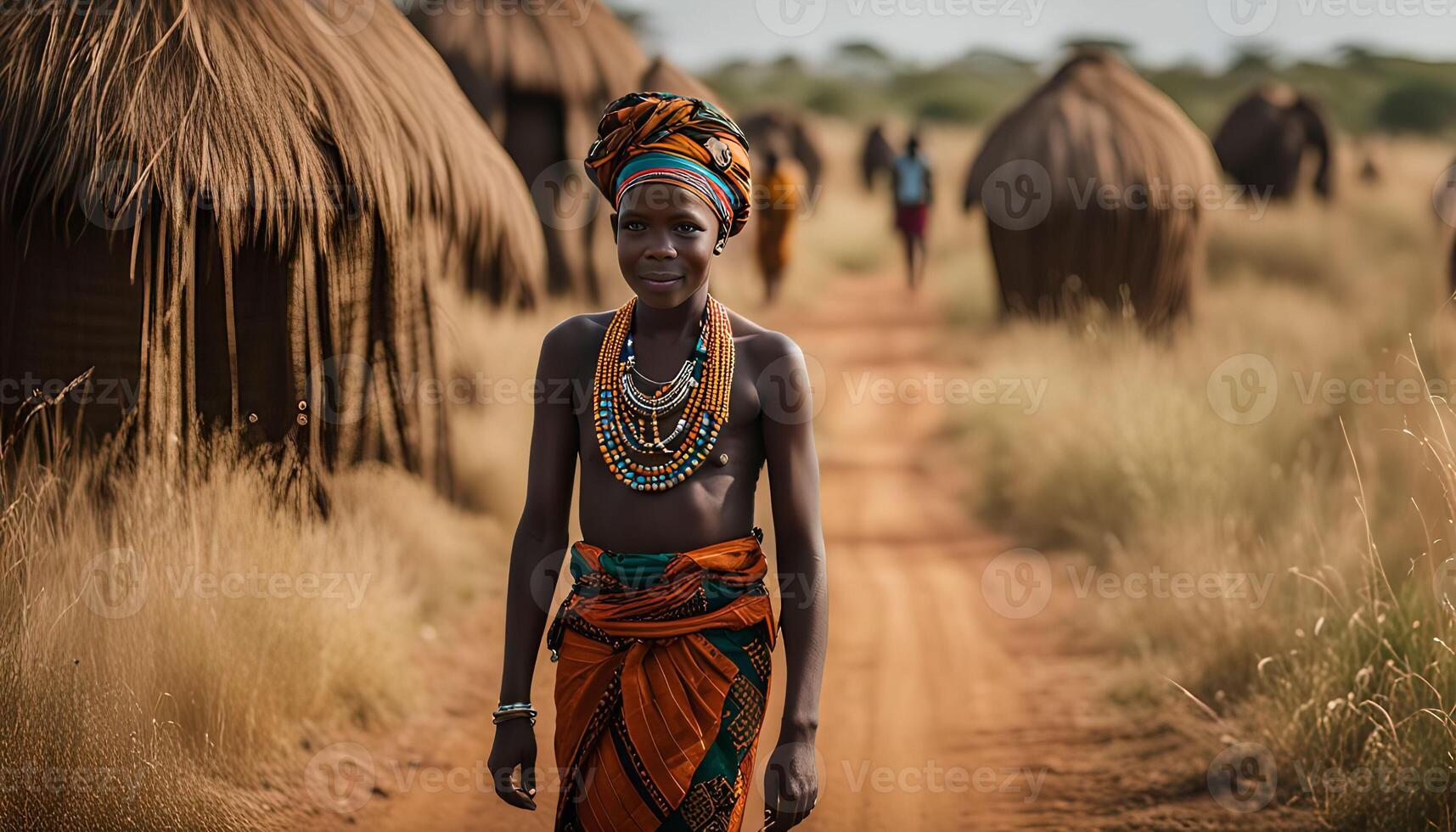 African Woman in Traditional Attire Walking Through Village photo
