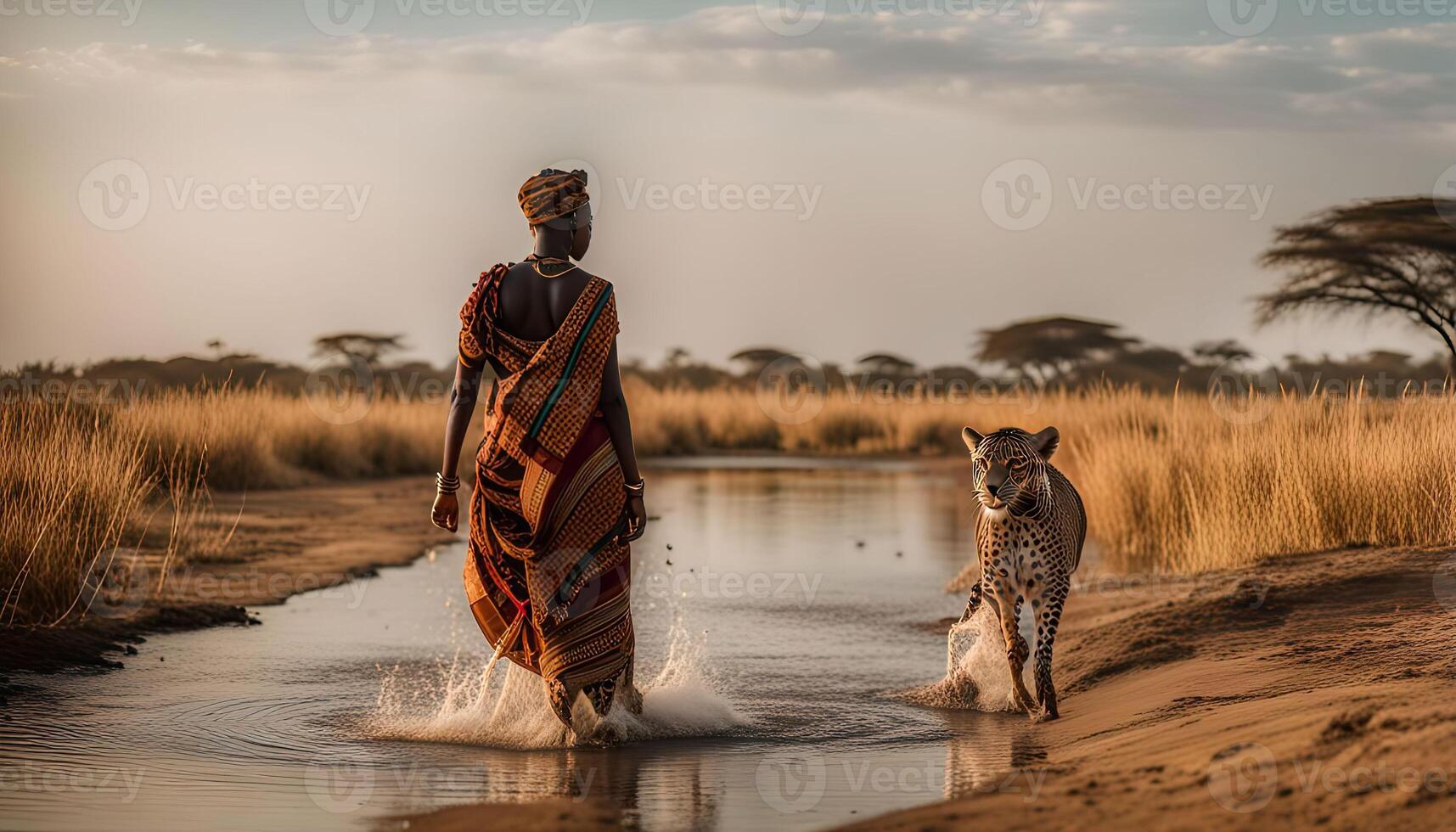 A Woman in Traditional Clothing Walks with a Leopard in a Serengeti Landscape photo