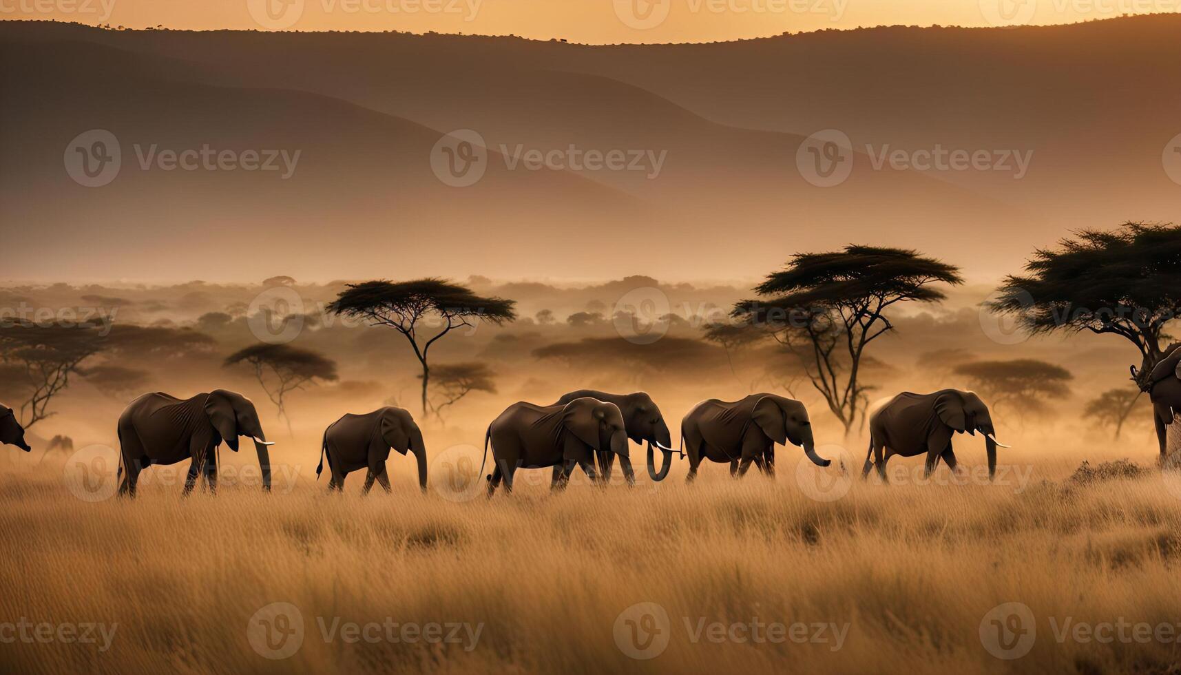 Elephant Herd Walking Through African Savannah at Sunset photo