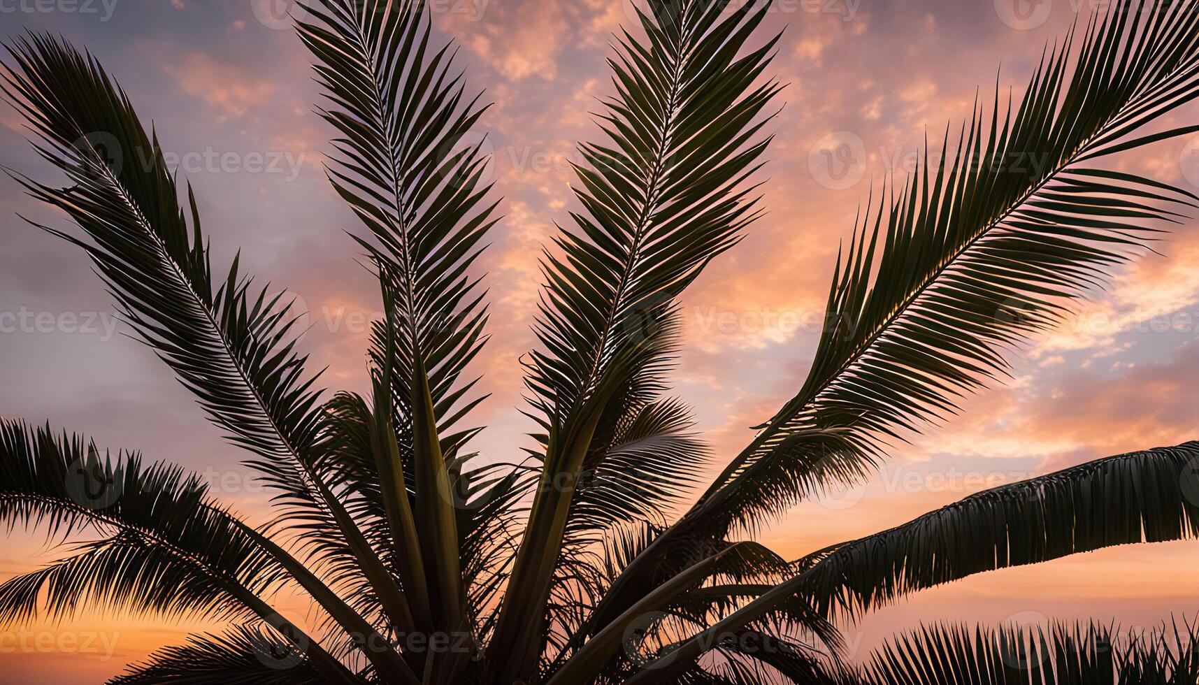 Palm Tree Silhouette Against a Vibrant Sunset Sky photo