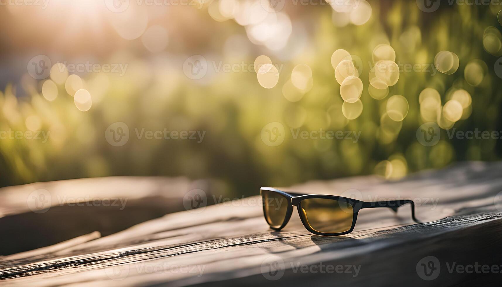 Sunglasses on a Wooden Surface with a Bokeh Background photo