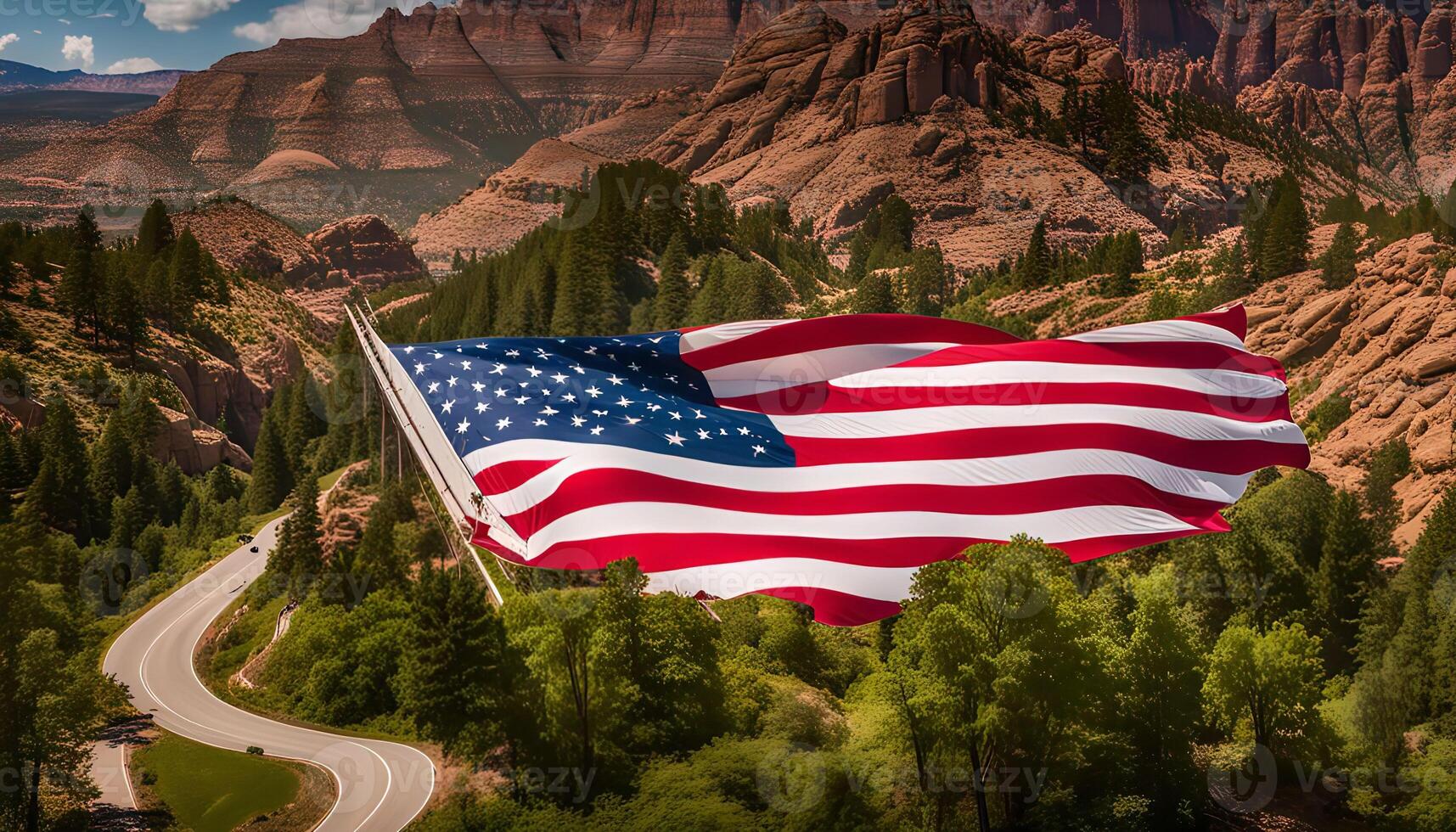 American Flag Over Mountain Pass photo