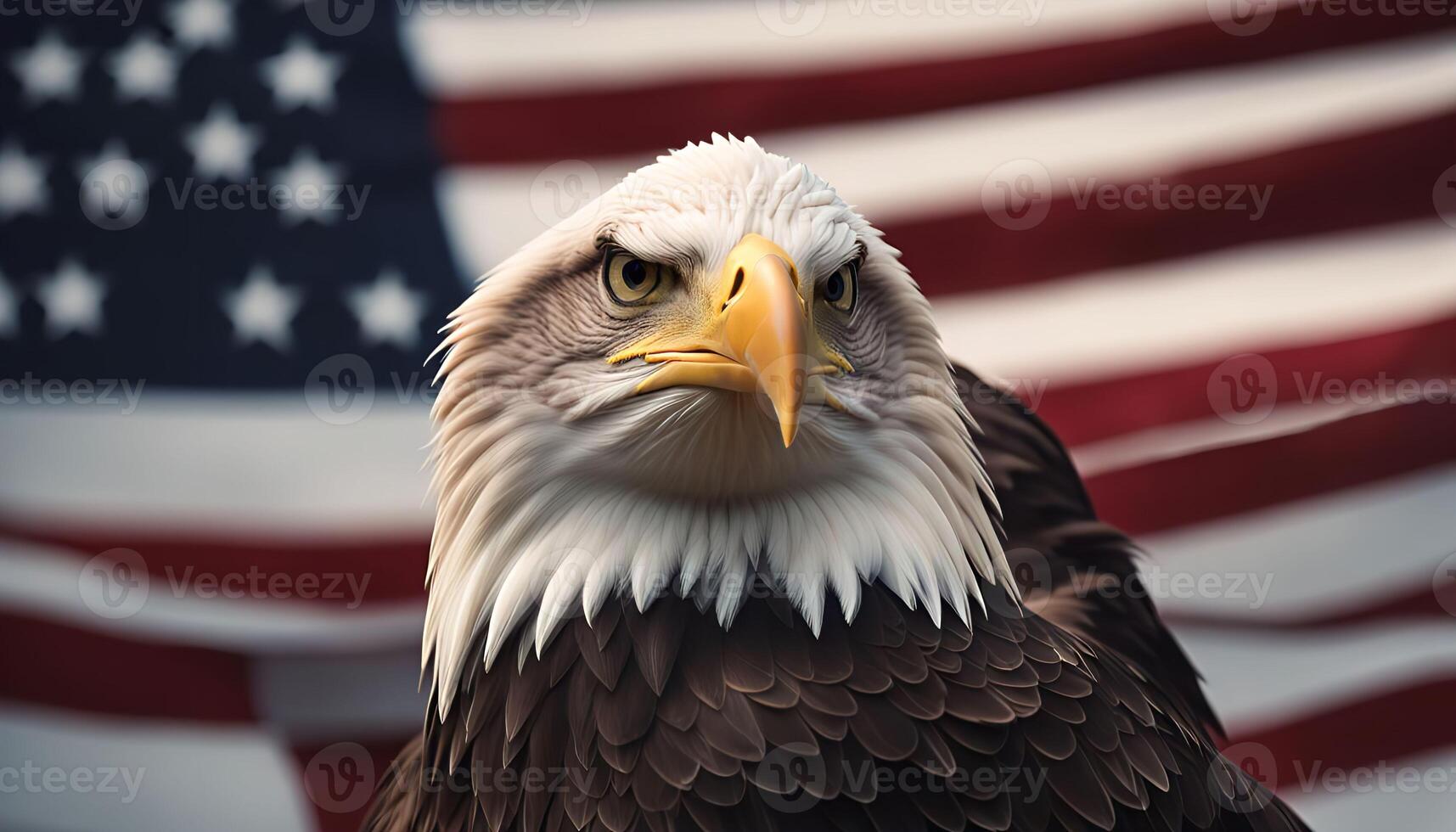 American Bald Eagle Portrait with Flag Background photo