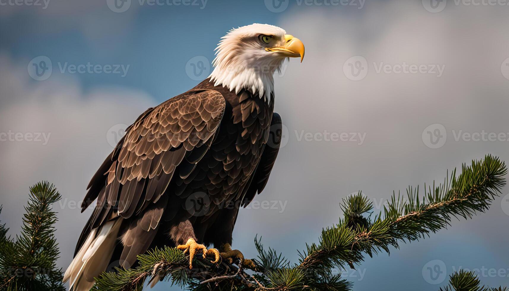 Bald Eagle Perched on Pine Branch photo