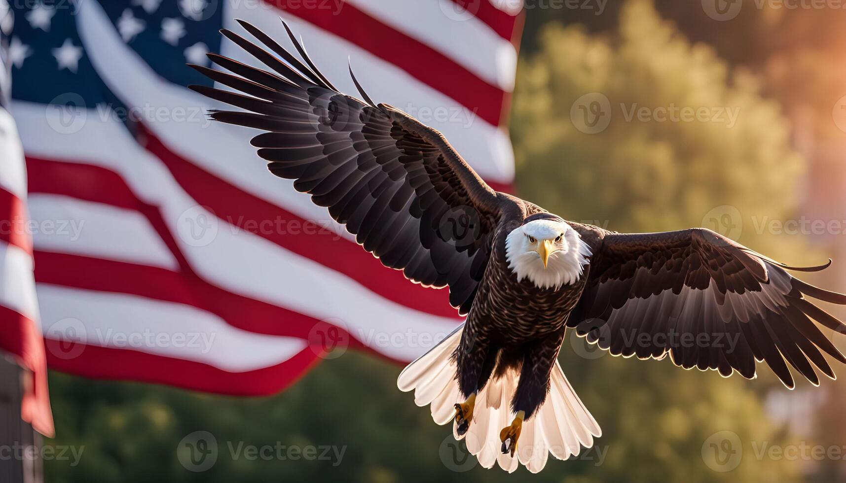 Bald Eagle Soaring with the American Flag photo