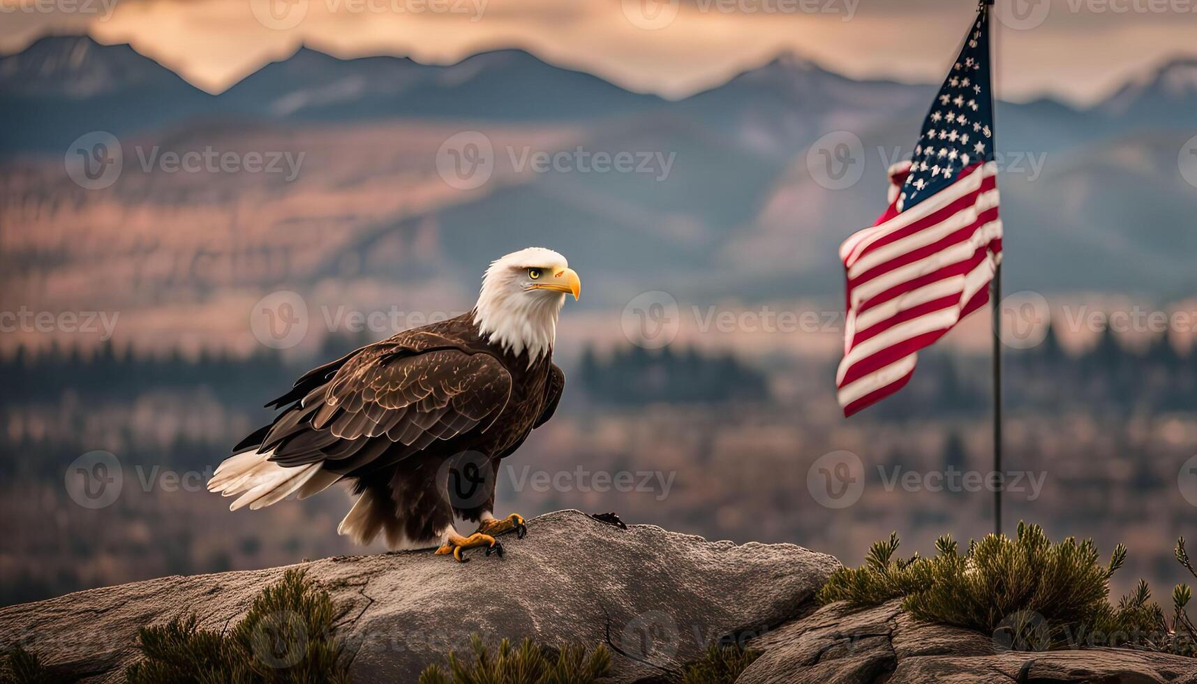 Bald Eagle Perched on a Mountain Peak with the American Flag in the Background photo