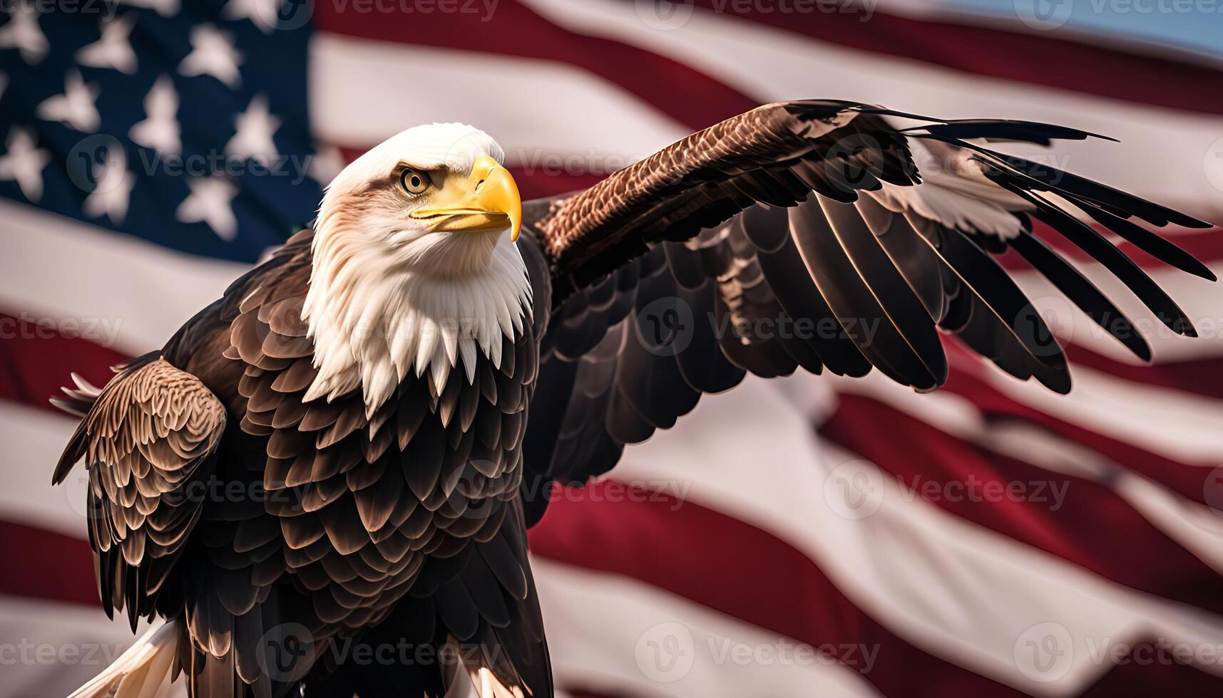 American Bald Eagle with Spread Wings Against the American Flag photo