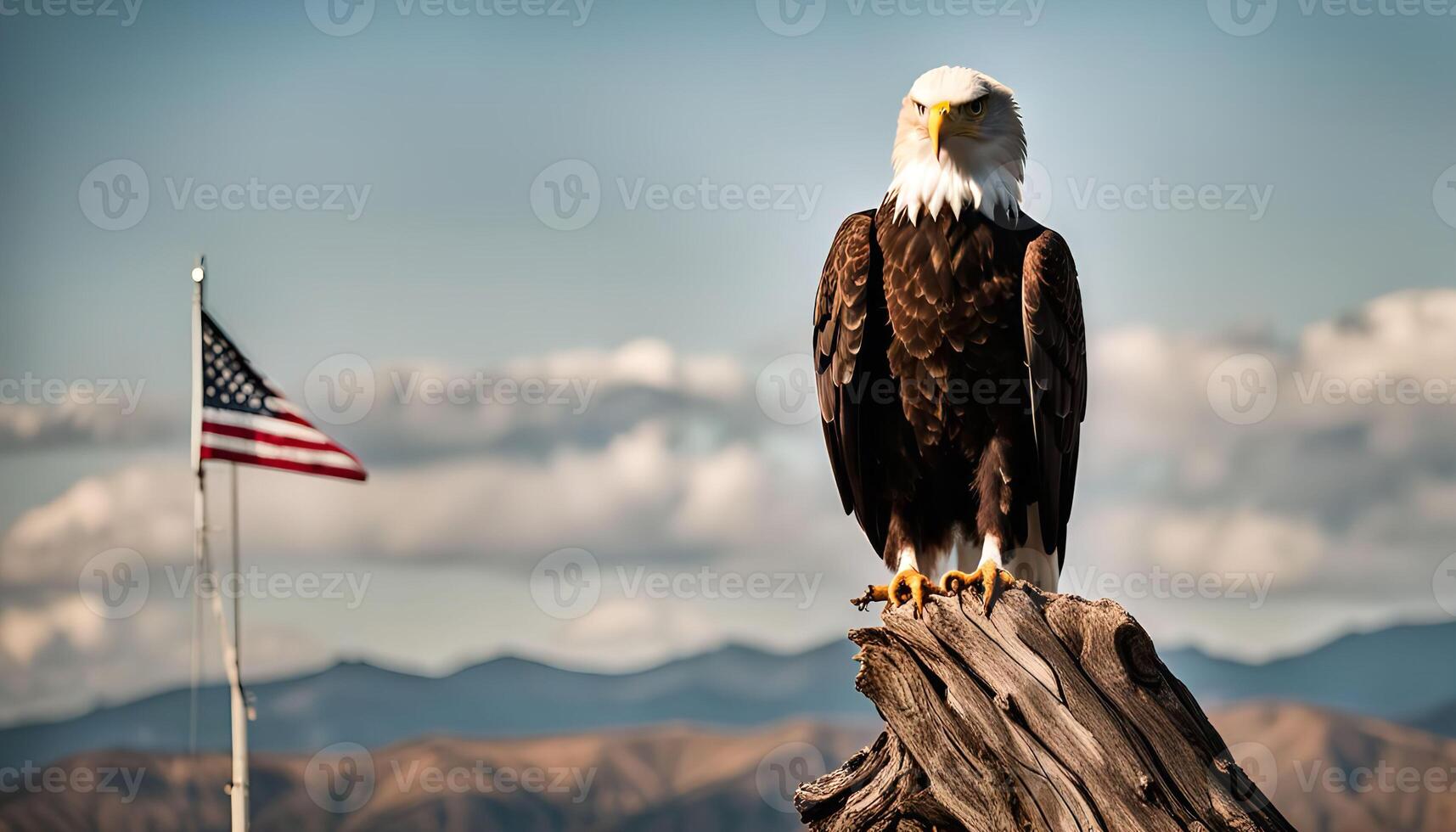 Bald Eagle Perched on a Tree Stump with an American Flag in the Background photo