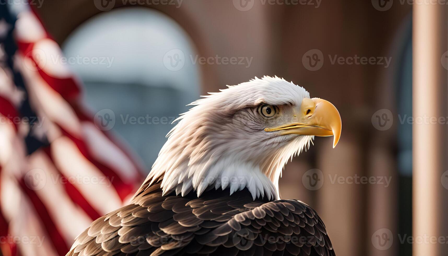 Majestic Bald Eagle with American Flag in Background photo