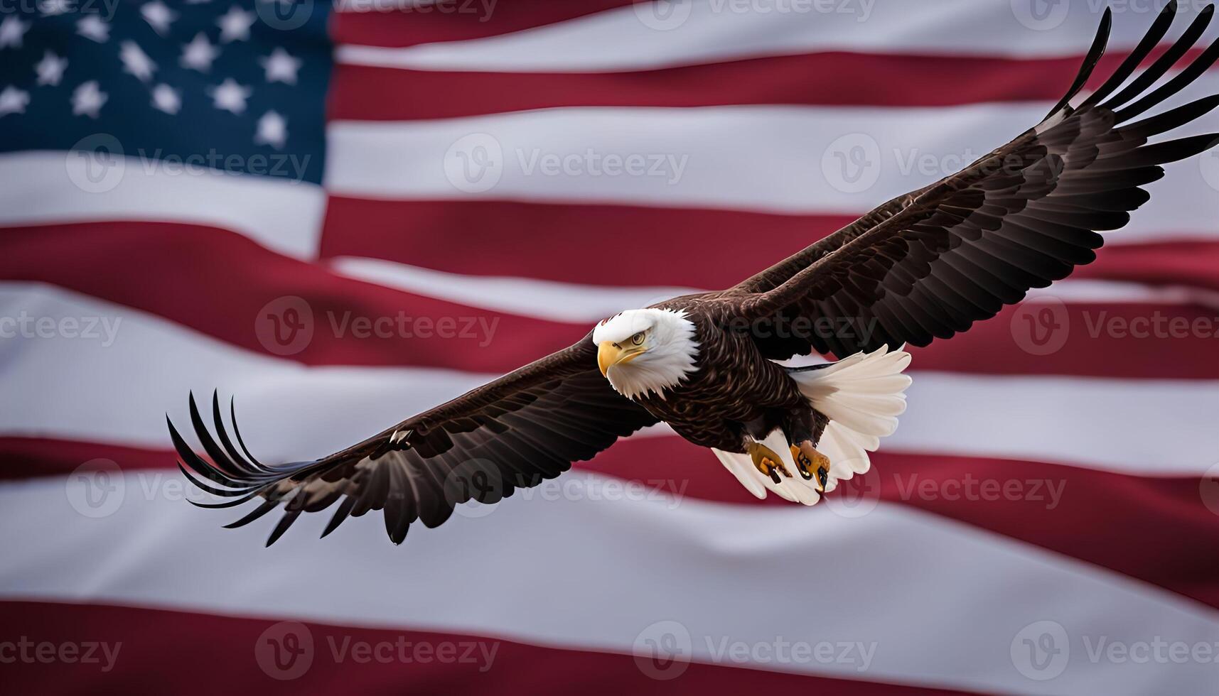 Bald Eagle in Flight Against American Flag photo