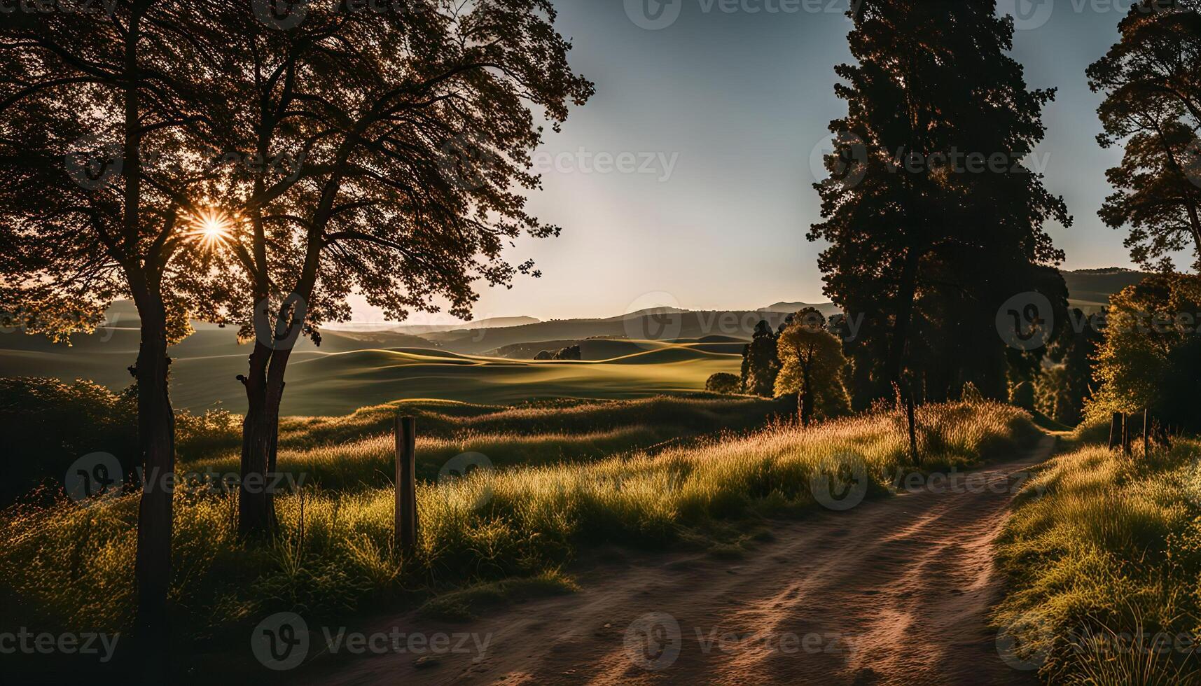 Sunset Over Rolling Hills With Winding Country Road photo