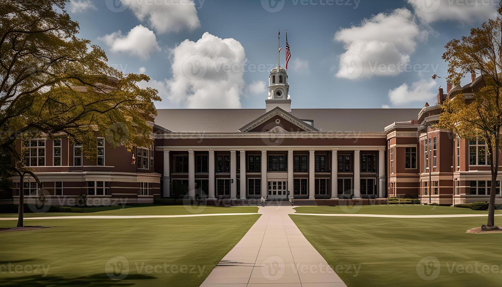 A Brick Building With a Lawn in Front of it photo