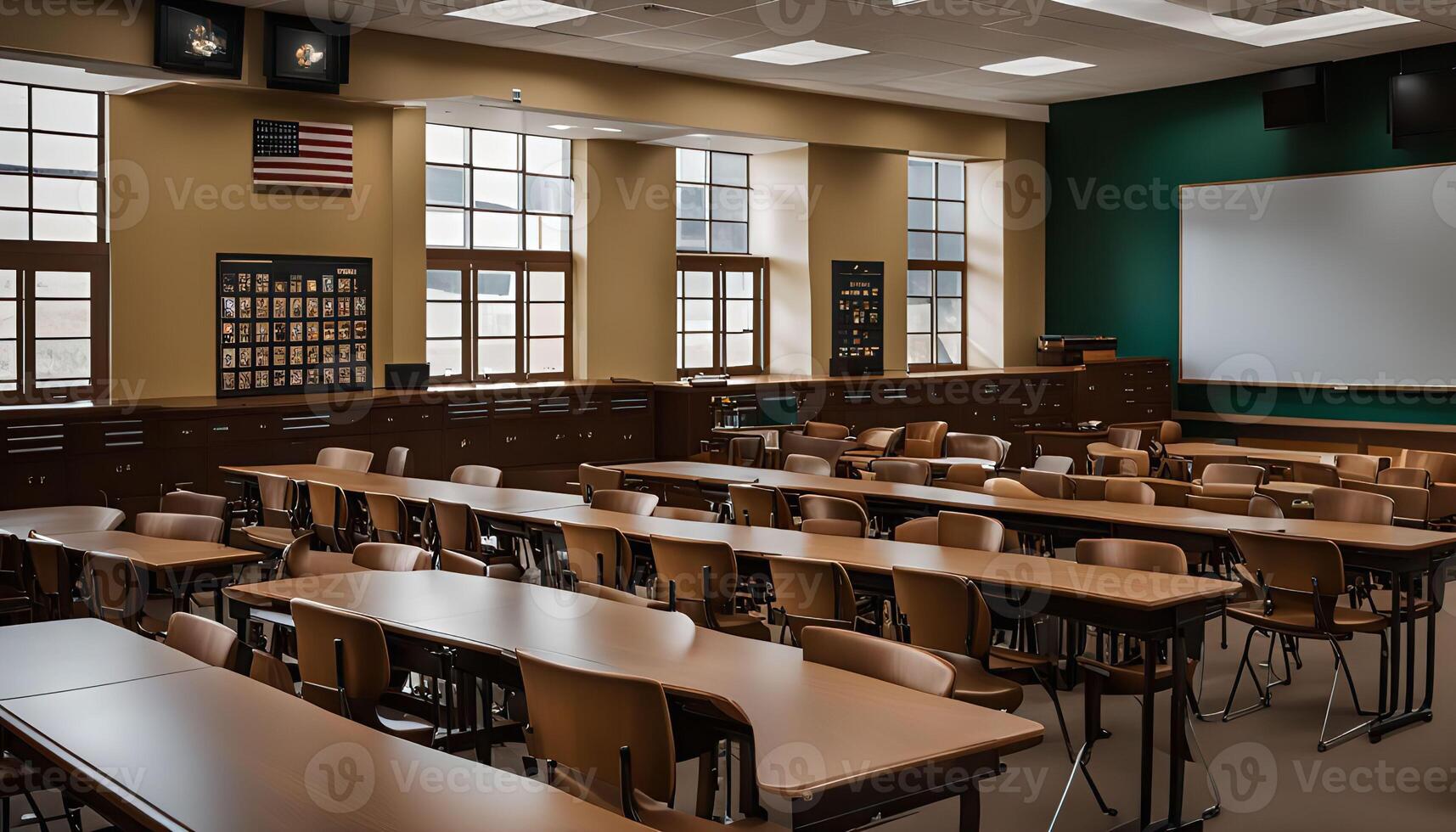 Empty Classroom with Desks and Chairs photo