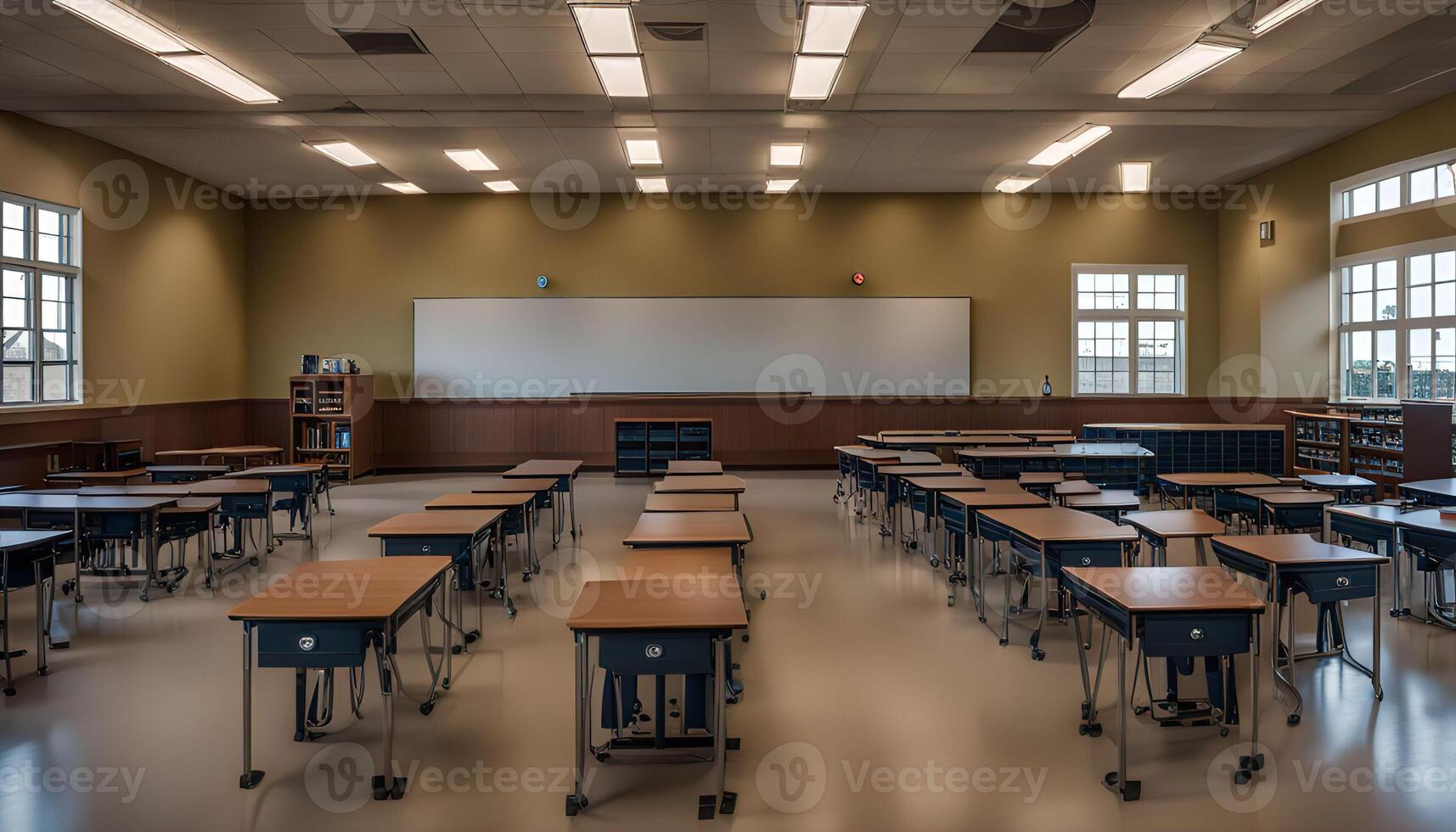 Empty Classroom with Desks and Whiteboard photo