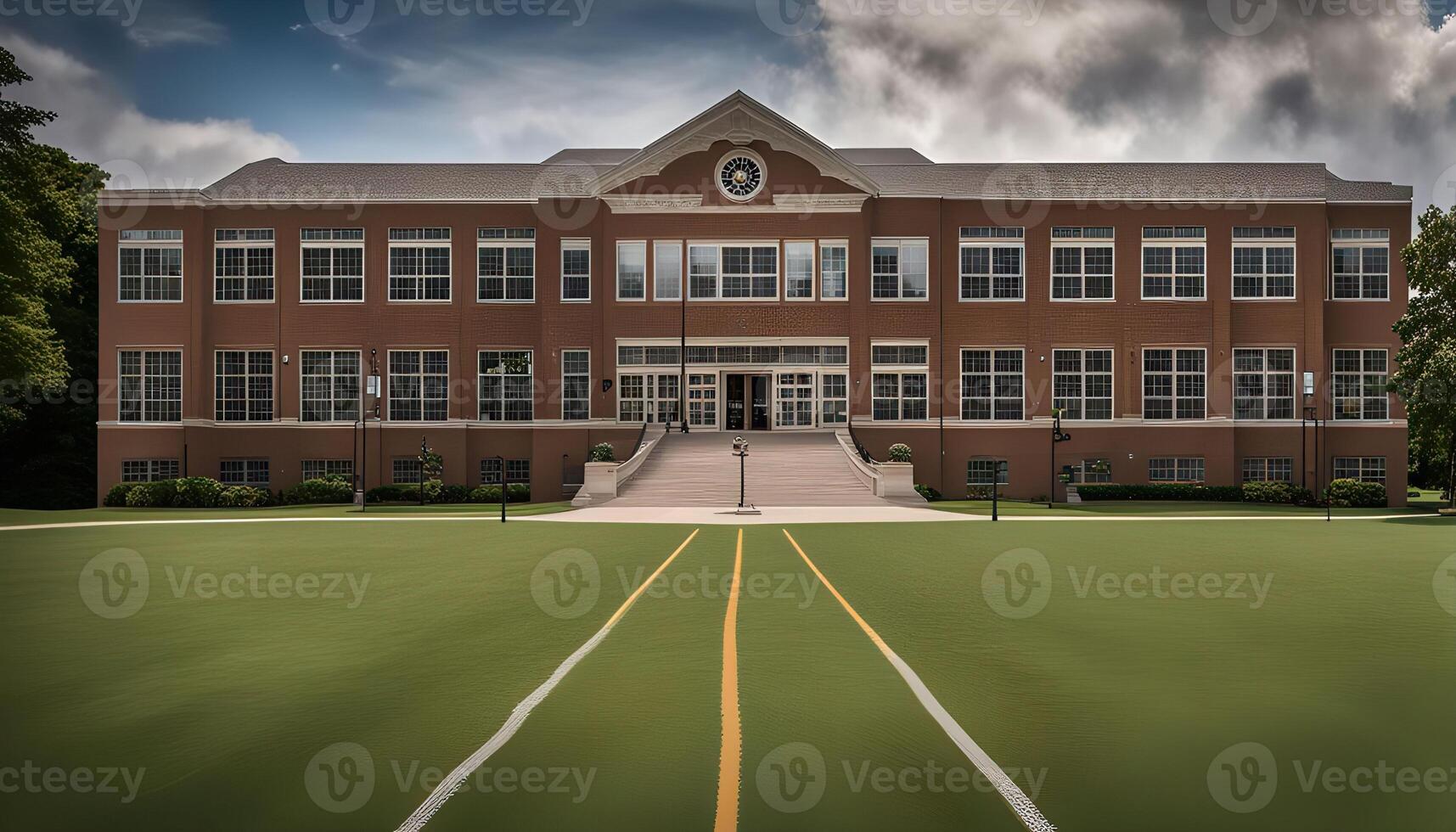Brick School Building with Green Turf Field photo